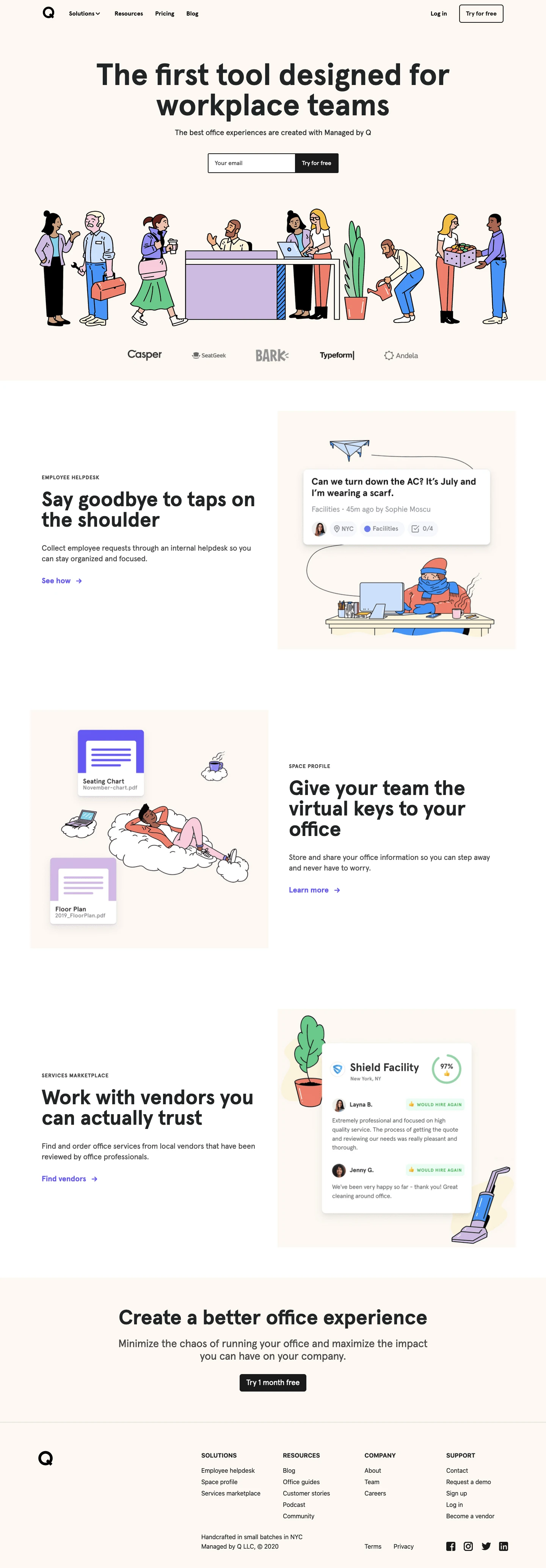 Managed by Q Landing Page Example: Managed by Q gives workplace teams office management software that helps them with every aspect of their job so they can be more productive and deliver an impactful office experience.