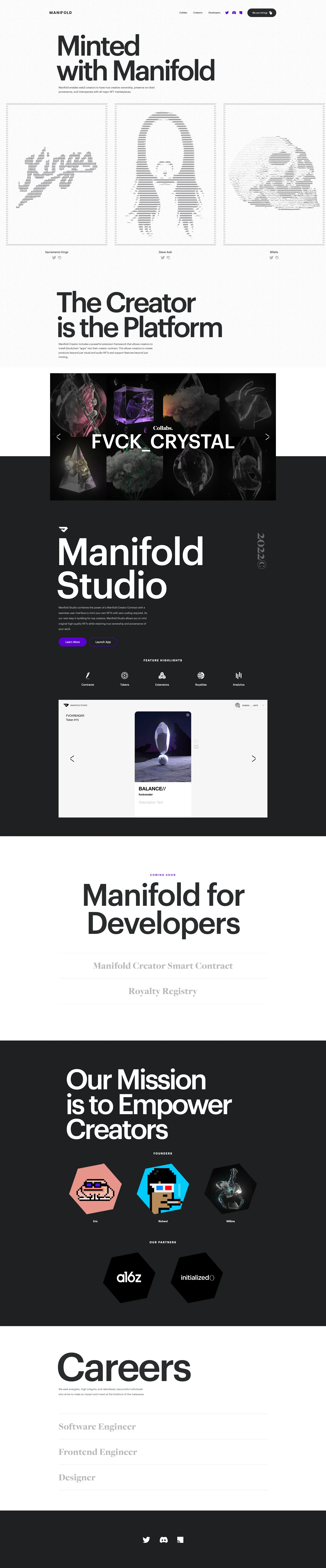 Manifold Landing Page Example: Manifold enables web3 creators to have true creative ownership, preserve on-chain provenance, and interoperate with all major NFT marketplaces.