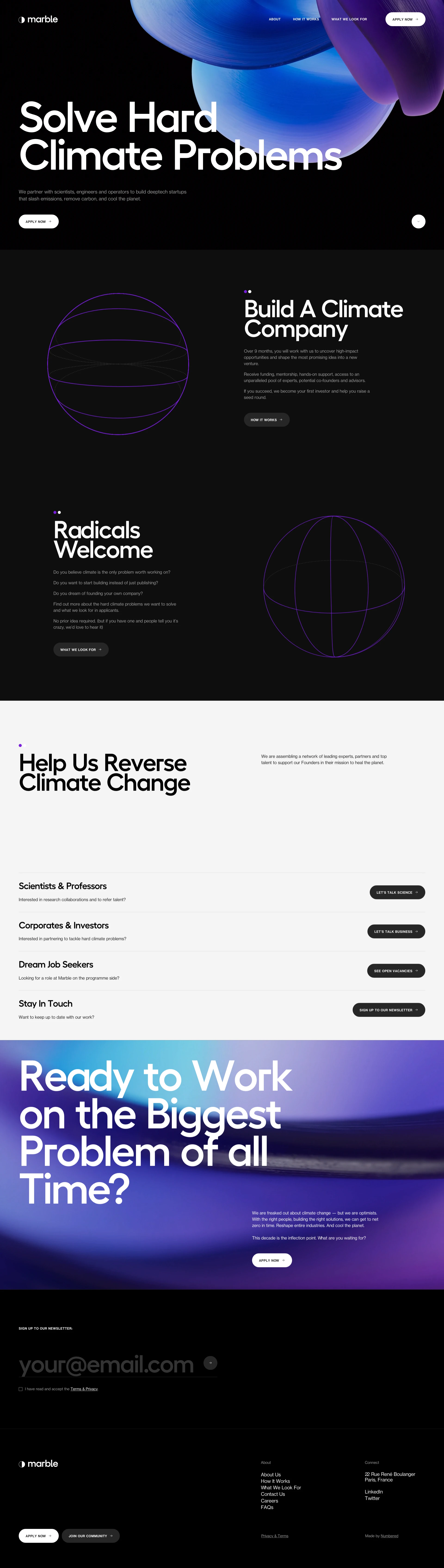 Marble Landing Page Example: We partner with scientists, engineers and operators to build deeptech startups that slash emissions, remove carbon, and cool the planet.