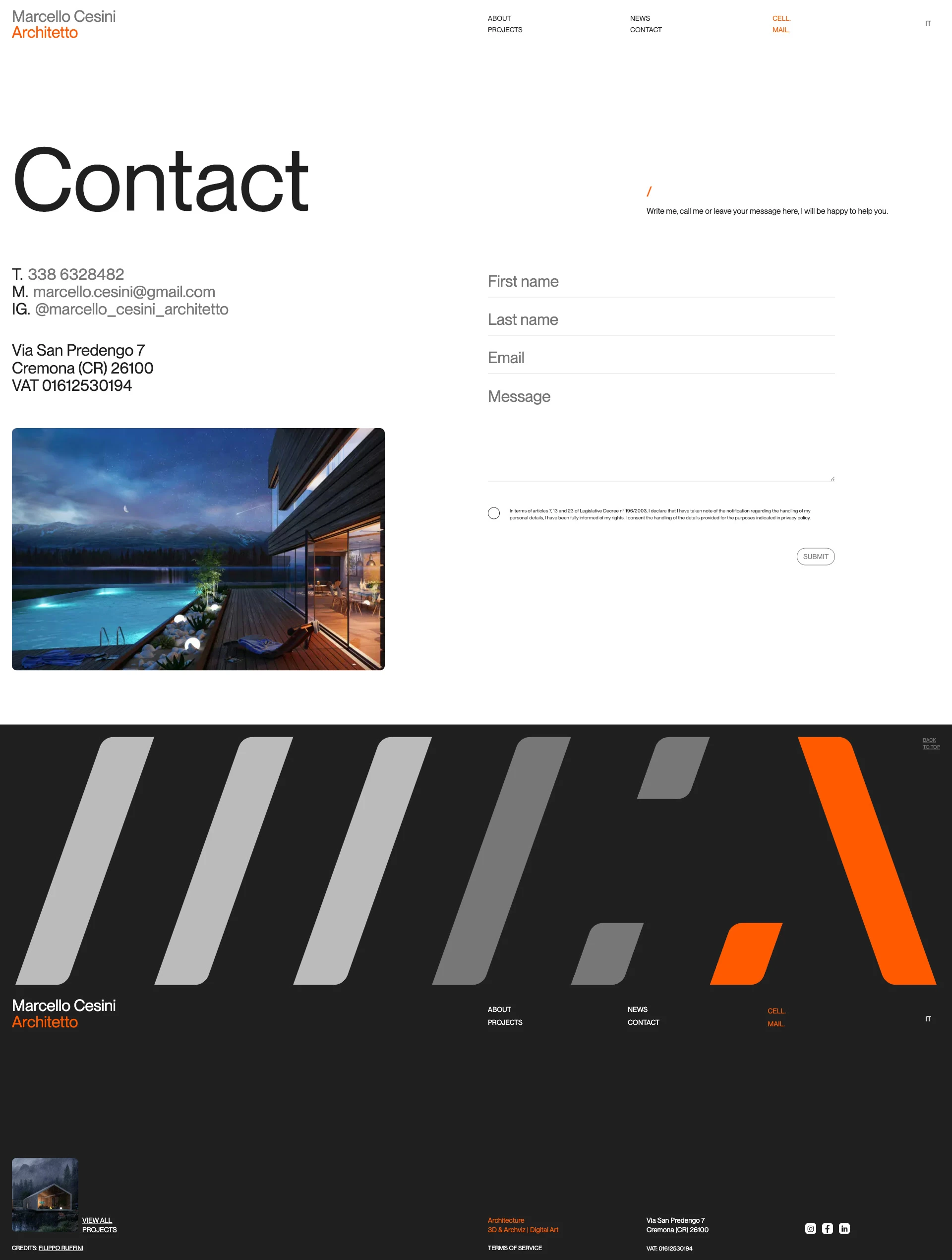 Marcello Cesini Landing Page Example: Architecture is a full part of life and the world. The architect's task is to put all of himself into his works to make them functional while respecting the environment, thus enabling humans to coexist in harmony with it.