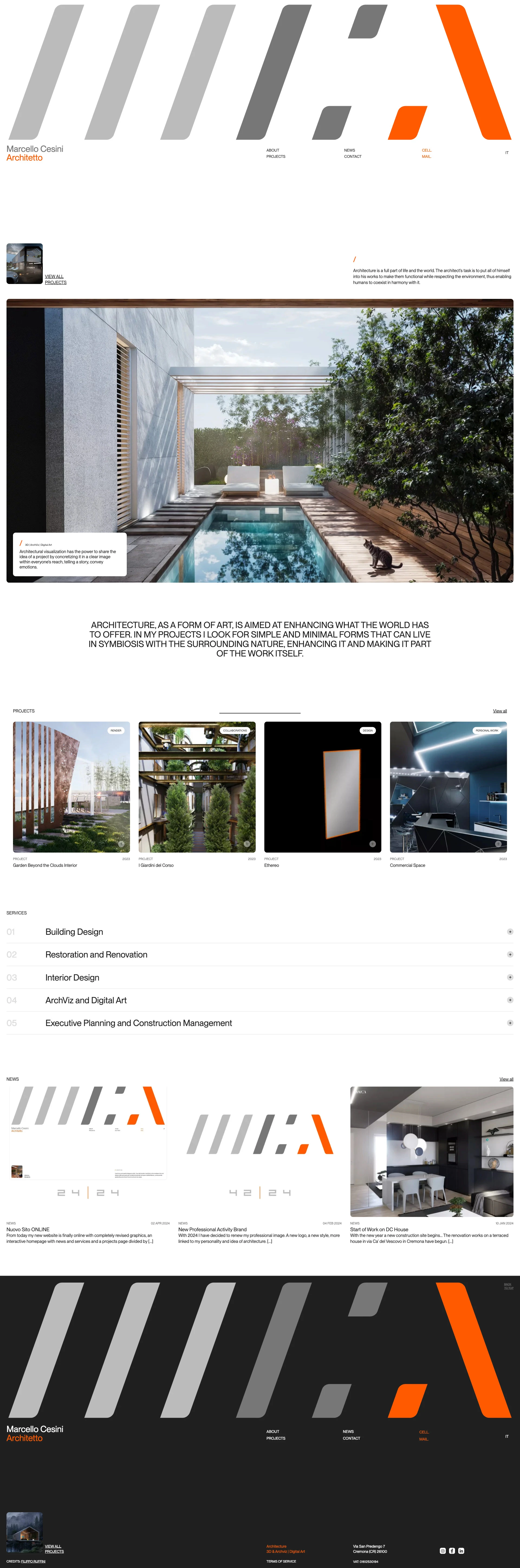 Marcello Cesini Landing Page Example: Architecture is a full part of life and the world. The architect's task is to put all of himself into his works to make them functional while respecting the environment, thus enabling humans to coexist in harmony with it.