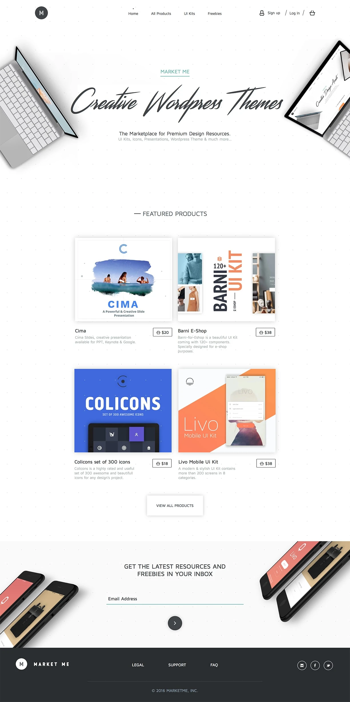 Market Me Landing Page Example: The marketplace for design resources. Buy Premium Creative Design Contents Like, UI Kits, Wordpress Theme, Presentations, Icons and much more… 