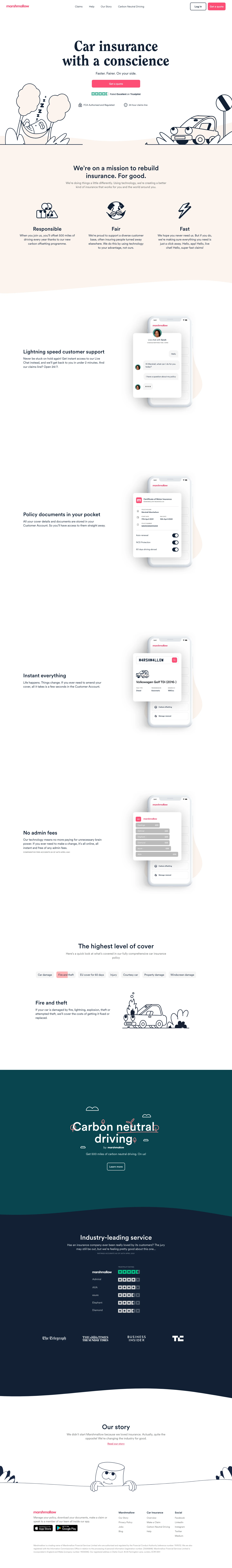 Marshmallow Landing Page Example: Digital-first car insurance company with a mission to deliver great prices, service, and coverage.