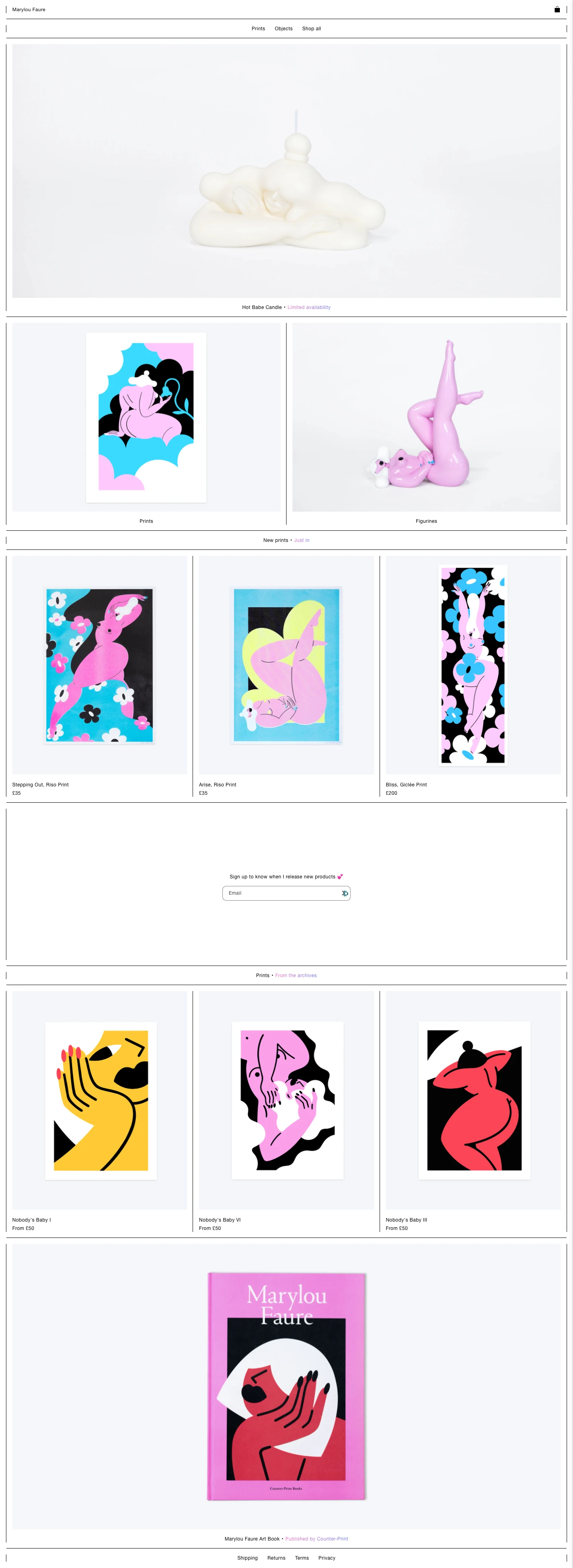Marylou Faure Landing Page Example: Specialising in character design, bold colours and graphic compositions, French Illustrator and Artist, Marylou Faure aspires to create artwork that invokes joy with her cheeky and playful style.
