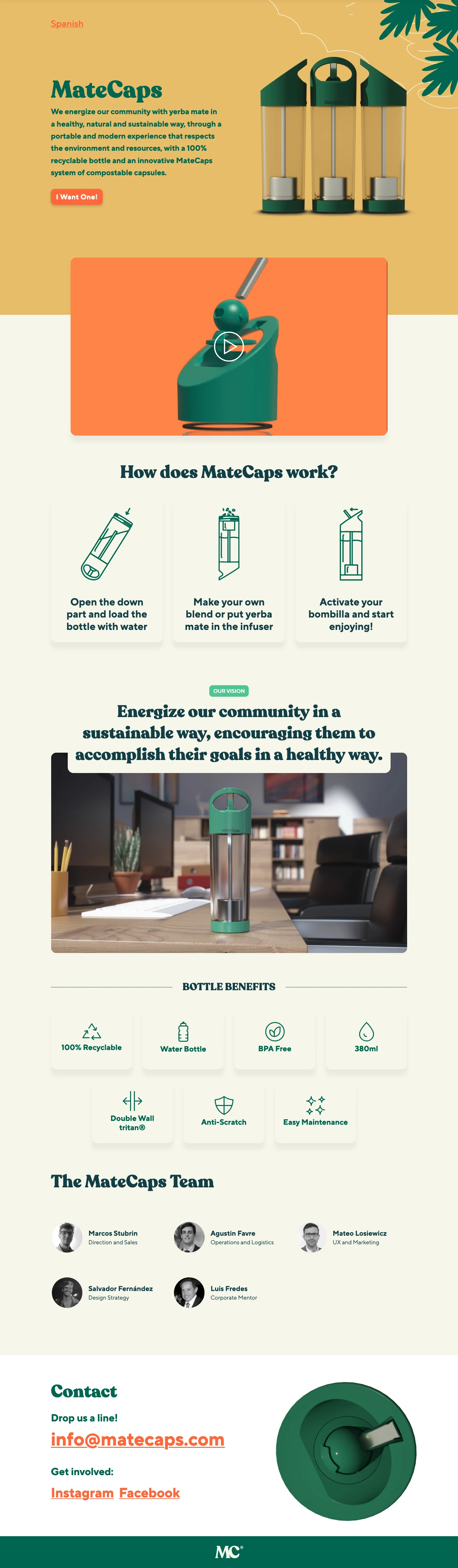 MateCaps Landing Page Example: We energize our community with yerba mate in a healthy, natural and sustainable way, through a portable and modern experience that respects the environment and resources, with a 100% recyclable bottle and an innovative MateCaps system of compostable capsules.