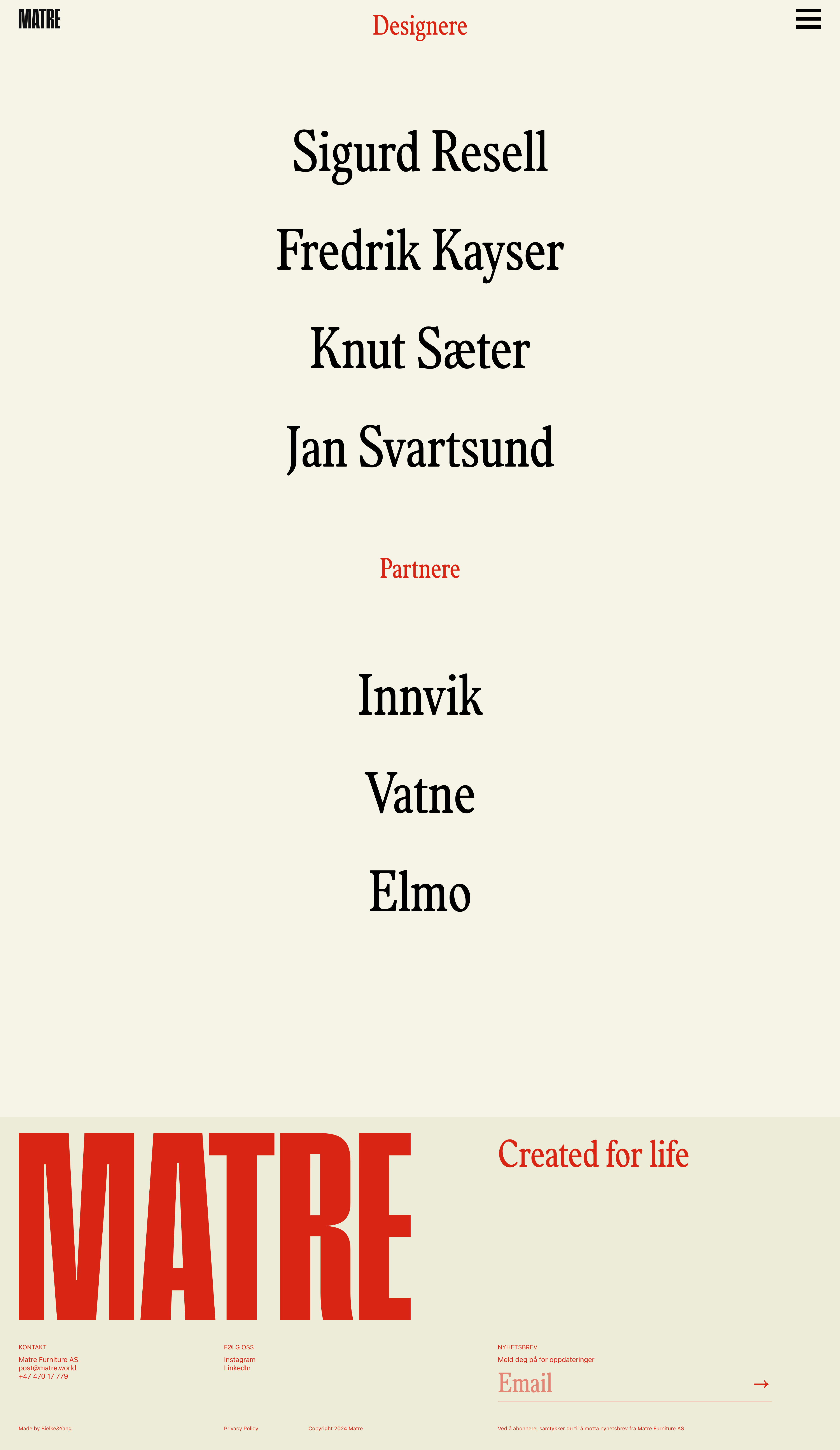 Matre Landing Page Example: Matre comes from a passion for Norwegian heritage, our cultural inheritance and design tradition. We produce locally and can trace all materials back to their origin.