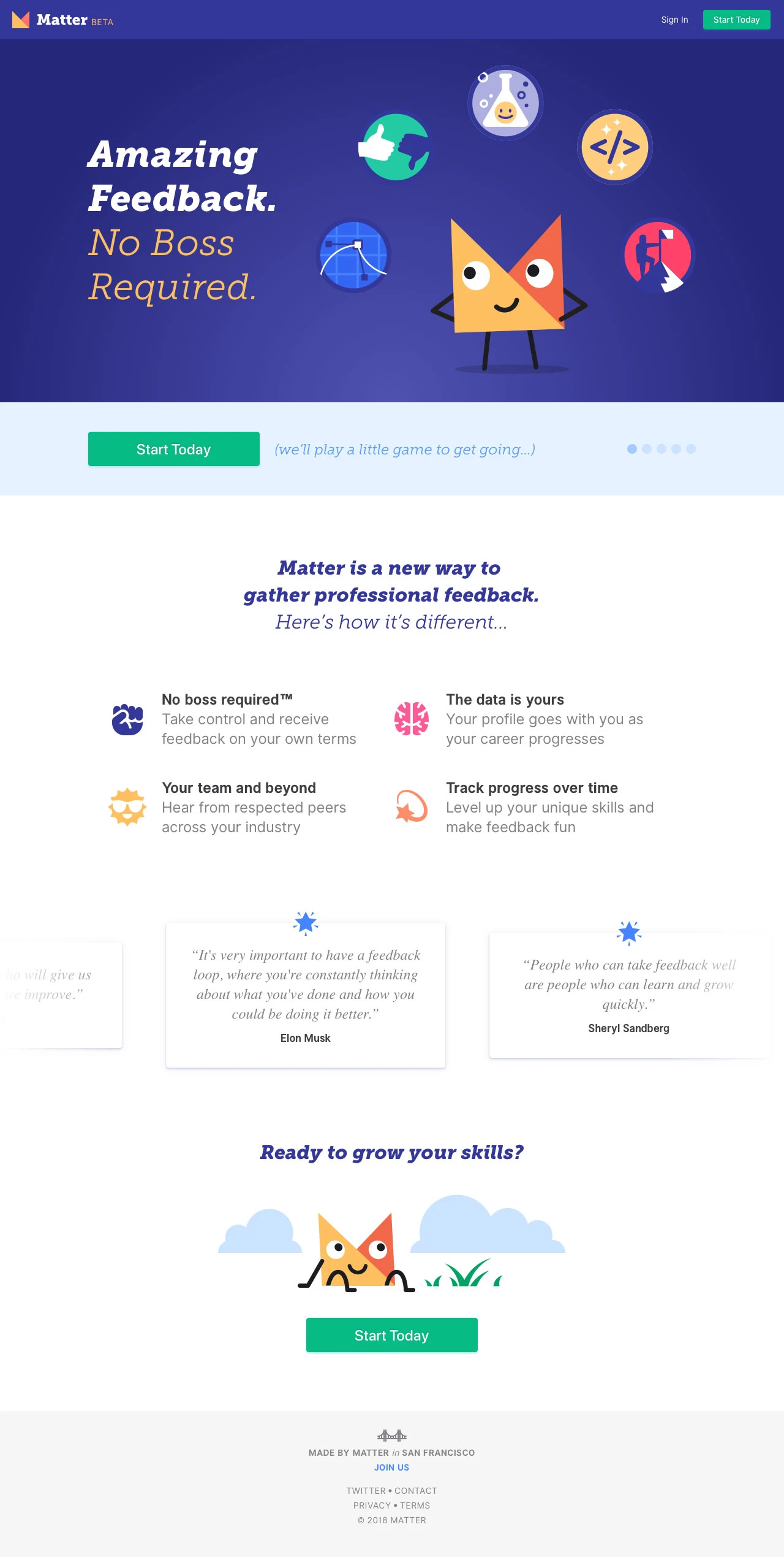 Matter Landing Page Example: Matter is a new way to gather professional feedback. Ready to grow your skills?