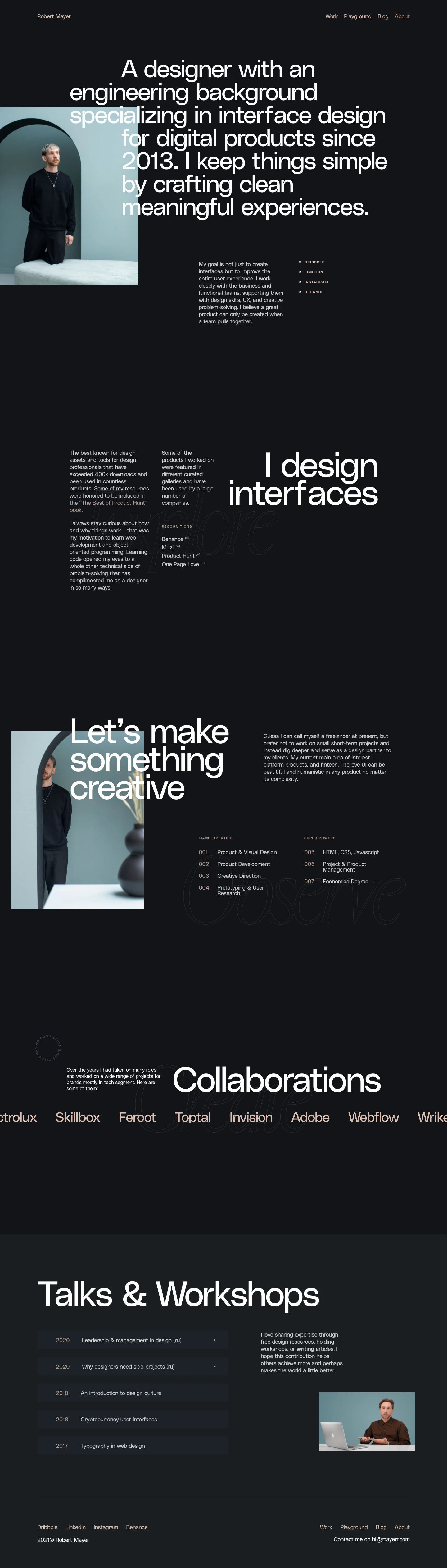 Robert Mayer Landing Page Example: A designer with an engineering background, specializing in interface design for digital products since 2013.