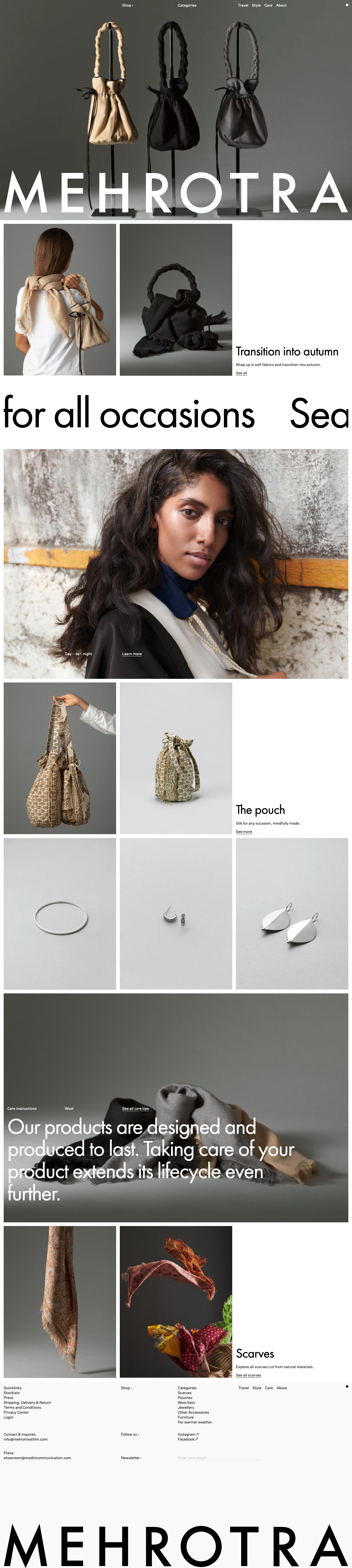 Mehrotra Landing Page Example: Mehrotra is a Stockholm based design line combining Swedish minimalism and Indian warmth with the vision to create long lasting everyday pieces. Our products are designed and produced to last. Taking care of your product extends its lifecycle even further.