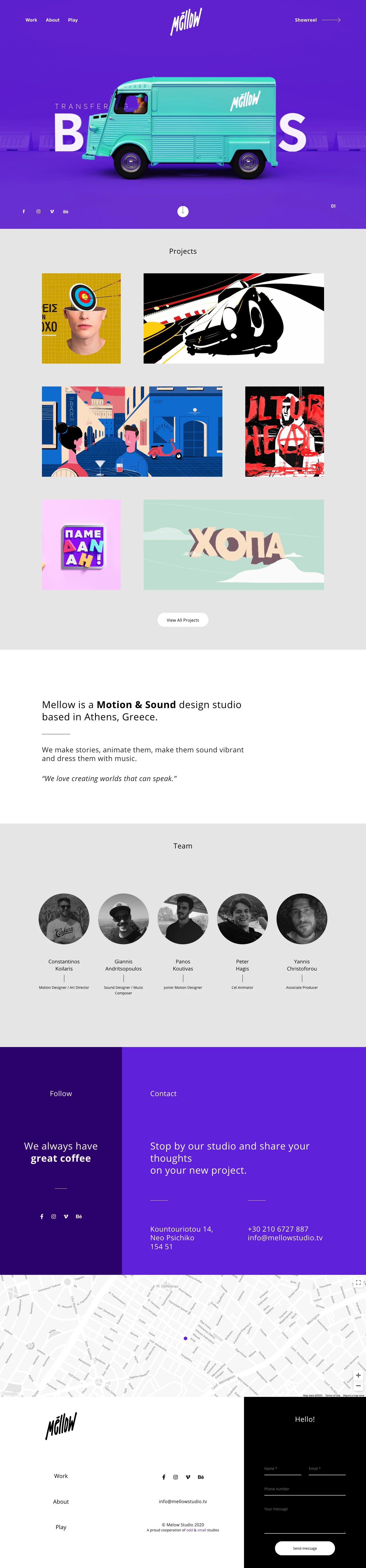 Mellow Studio Landing Page Example: Mellow is a Motion & Sound design studio based in Athens, Greece. We make stories, animate them, make them sound vibrant and dress them with music.