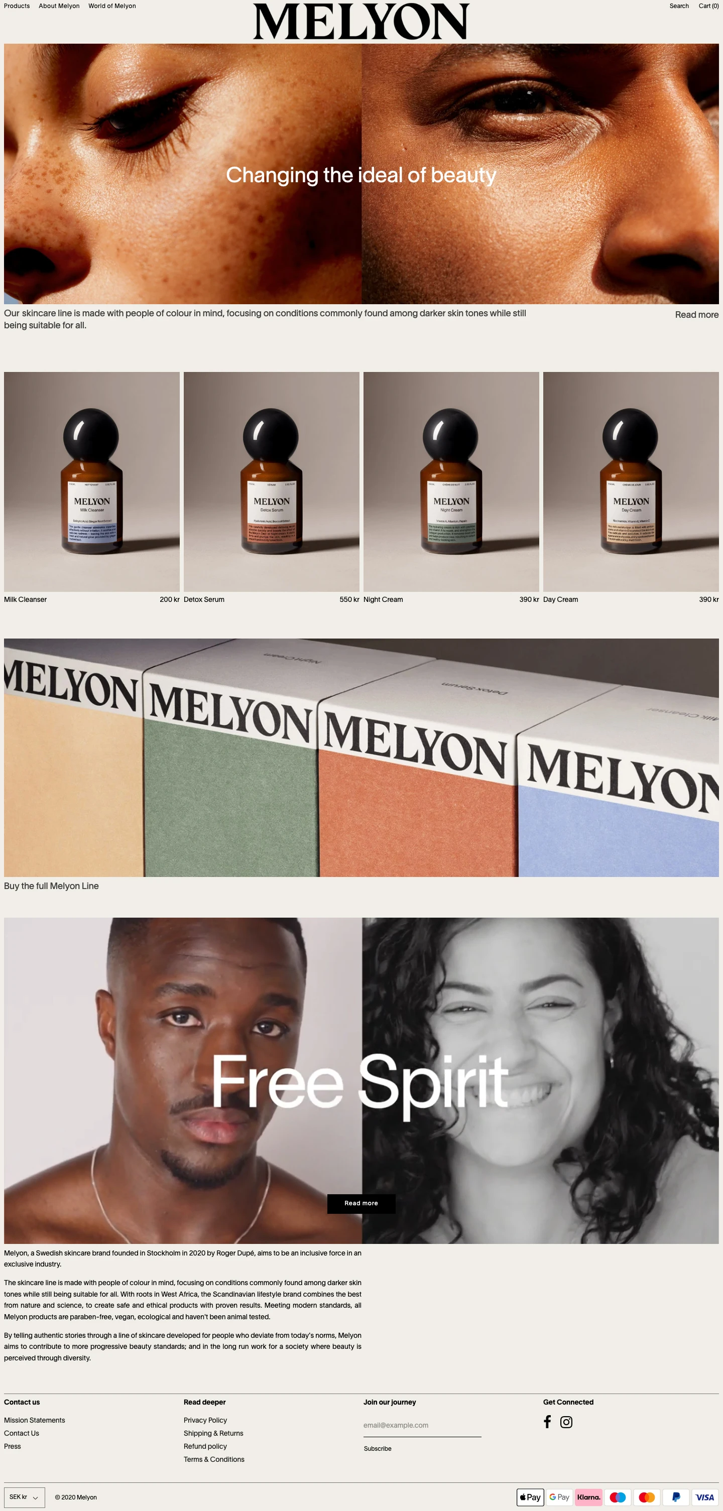Melyon Landing Page Example: Melyon, a Swedish skincare brand founded 2020 in Stockholm by Roger Dupé, aims to be an inclusive force in an exclusive industry. The skincare line is made with people of color in mind, focusing on conditions commonly found among darker skin tones whilst still being suitable for all.