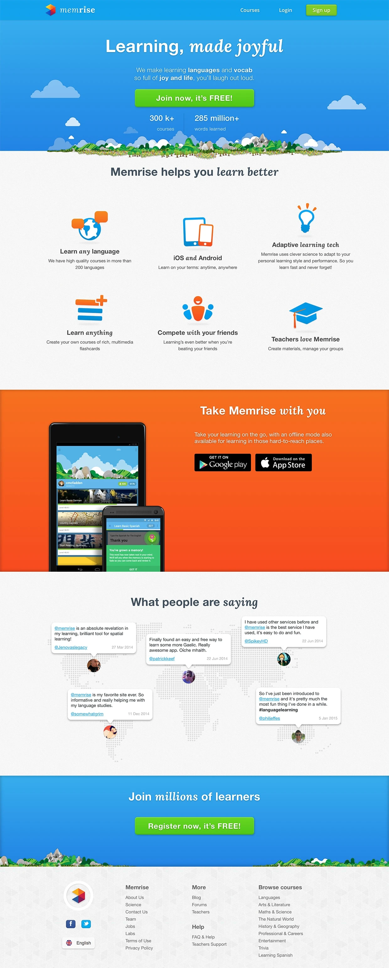 Memrise Landing Page Example: The Memrise community uses images and science to make learning easy and fun. Learn a language. Learn anything.