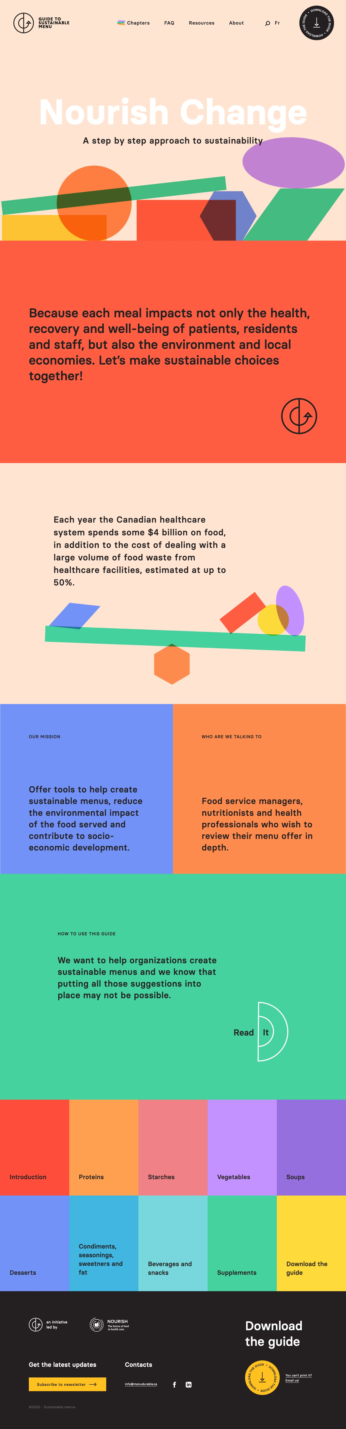 Sustainable Menus Landing Page Example: Because each meal impacts not only the health, recovery and well-being of patients, residents and staff, but also the environment and local economies. Let’s make sustainable choices together!