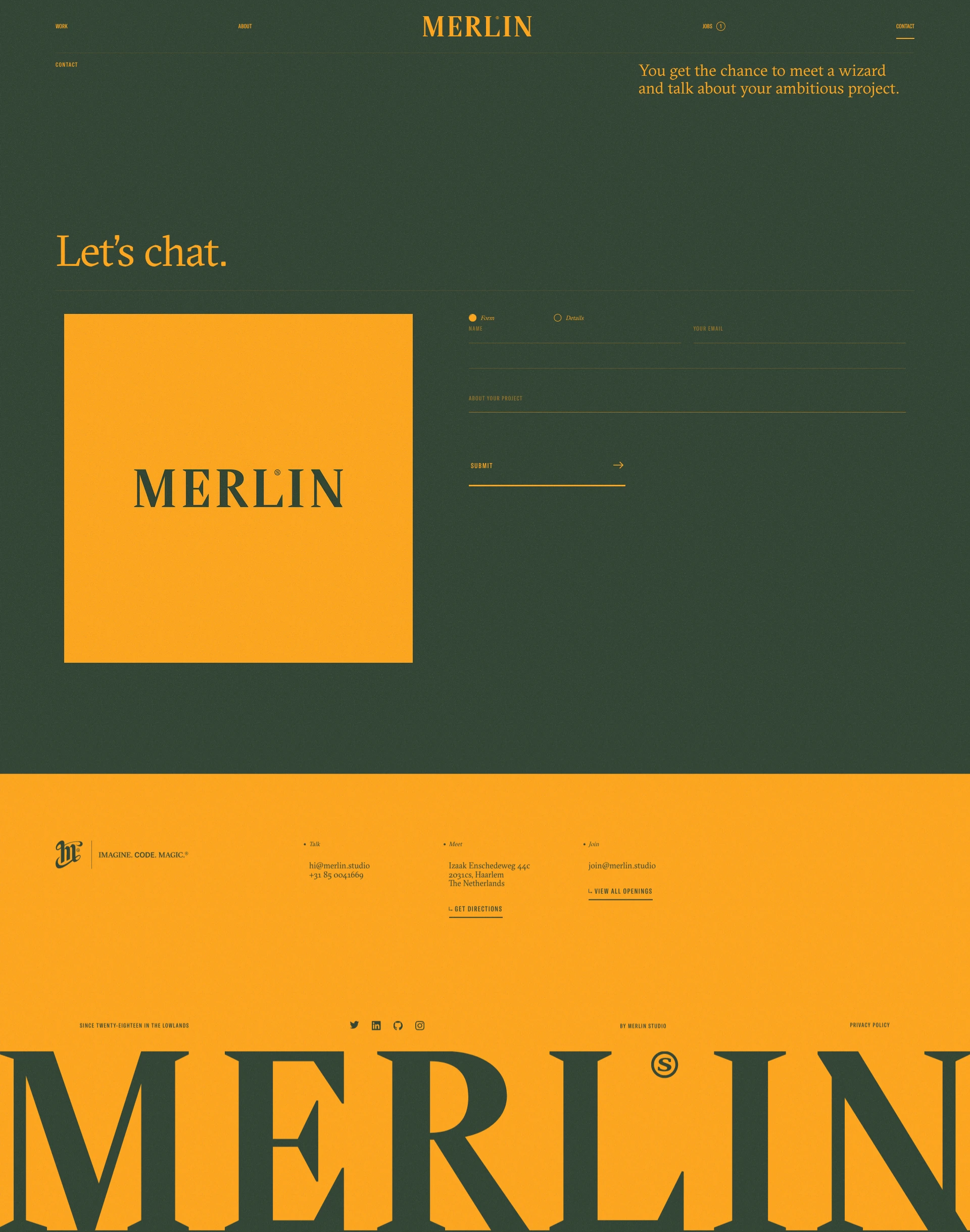 Merlin Studio Landing Page Example: Merlin likes to code things. especially things that no one knows how to do. Luckily Merlin can rely on experience (and a bit of magic).