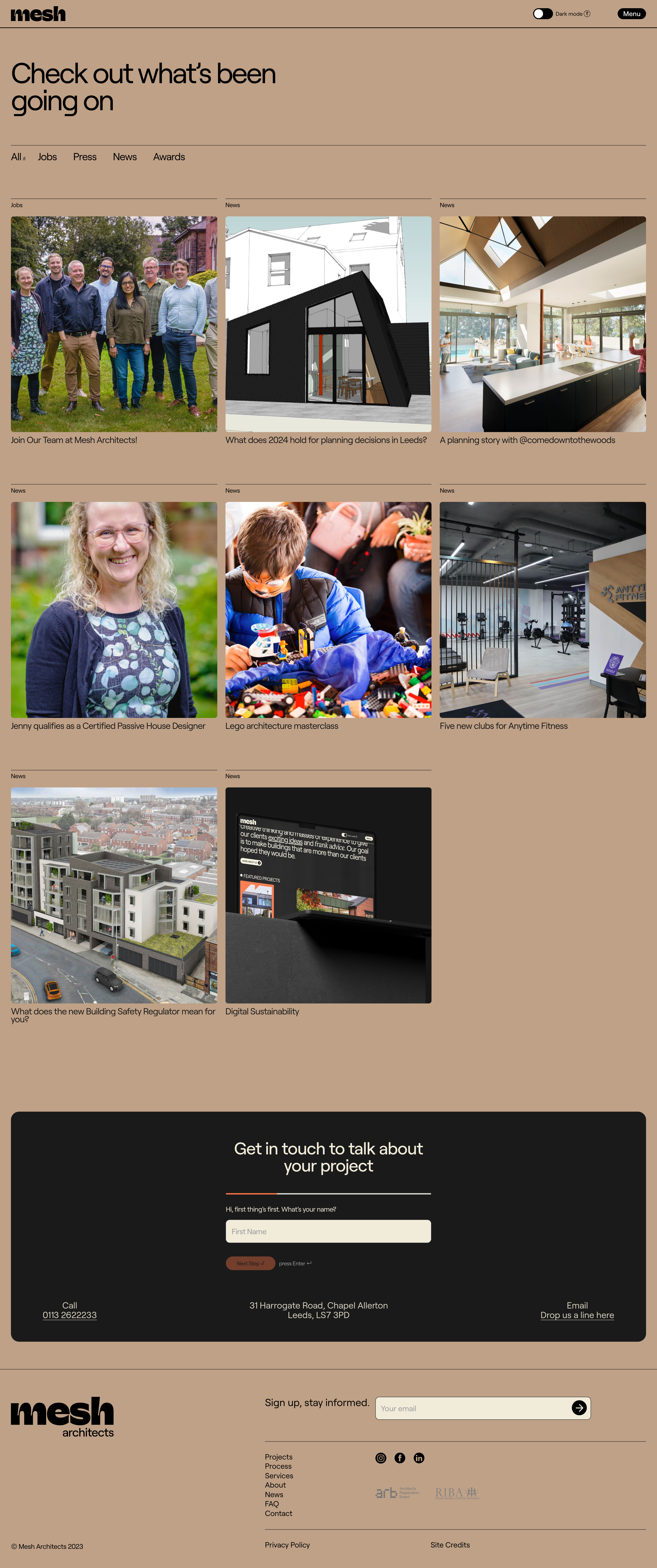 Mesh Architects Landing Page Example: Hello. We’re Mesh Architects. We design great places that lift your spirits. We bring together creative thinking and masses of experience to give our clients exciting ideas and frank advice. Our goal is to make buildings that are more than our clients hoped they would be.