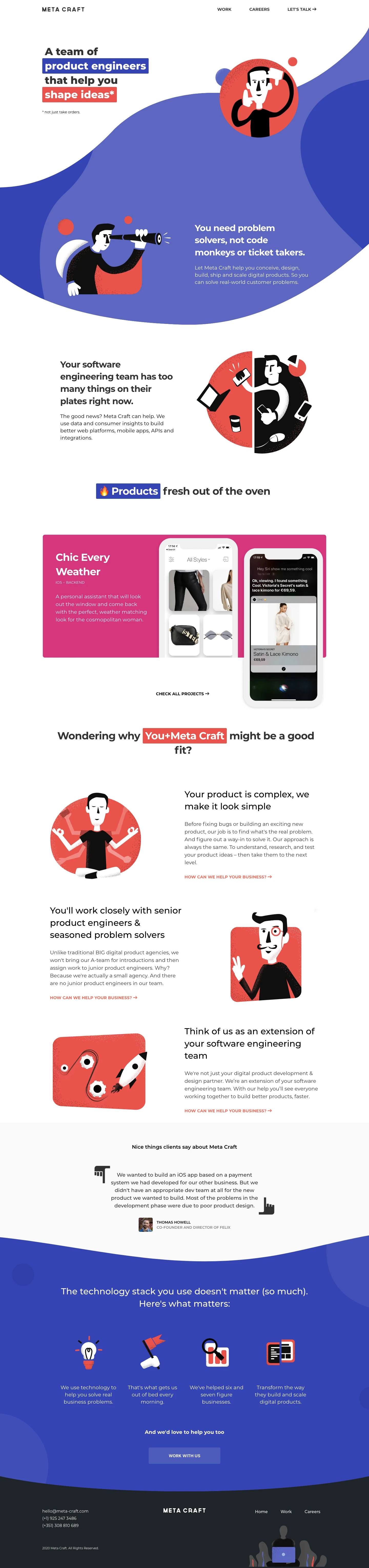 Meta Craft Landing Page Example: Looking for smart, helpful and patient product engineers to help you shape ideas and turn them into fully working products? Let’s talk.