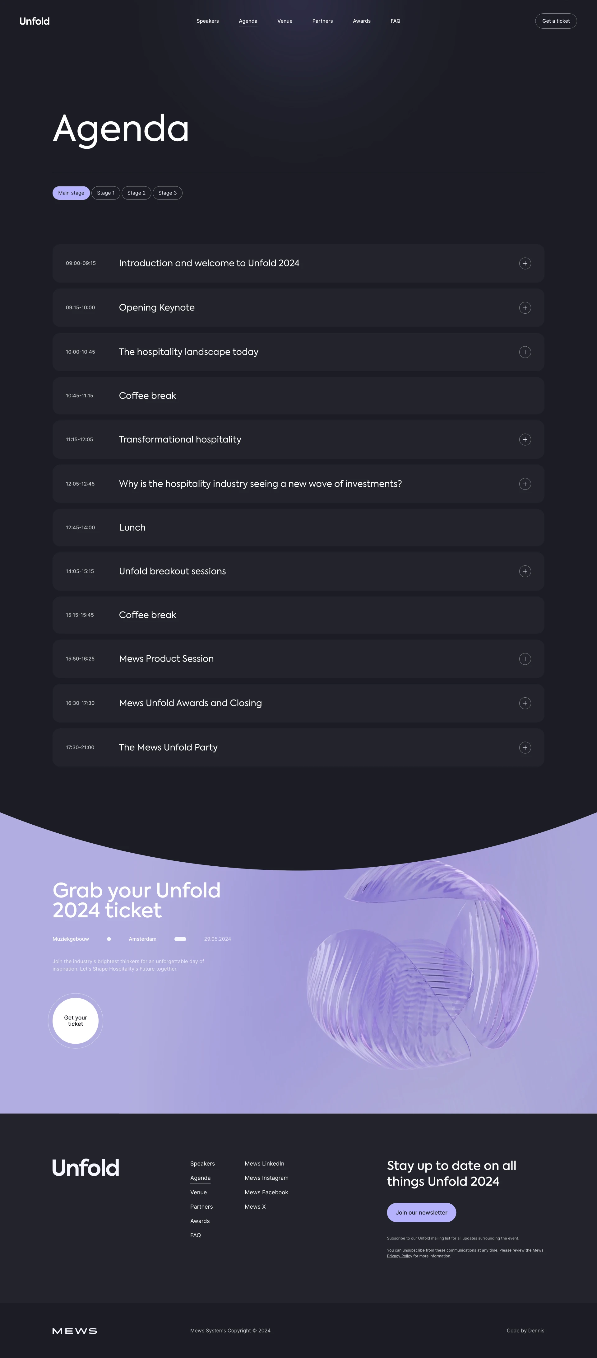 Unfold Amsterdam 2024 Landing Page Example: Unfold agenda will focus on innovation, investment trends within hospitality, automation and the power of guest data and the effects of distributed living.