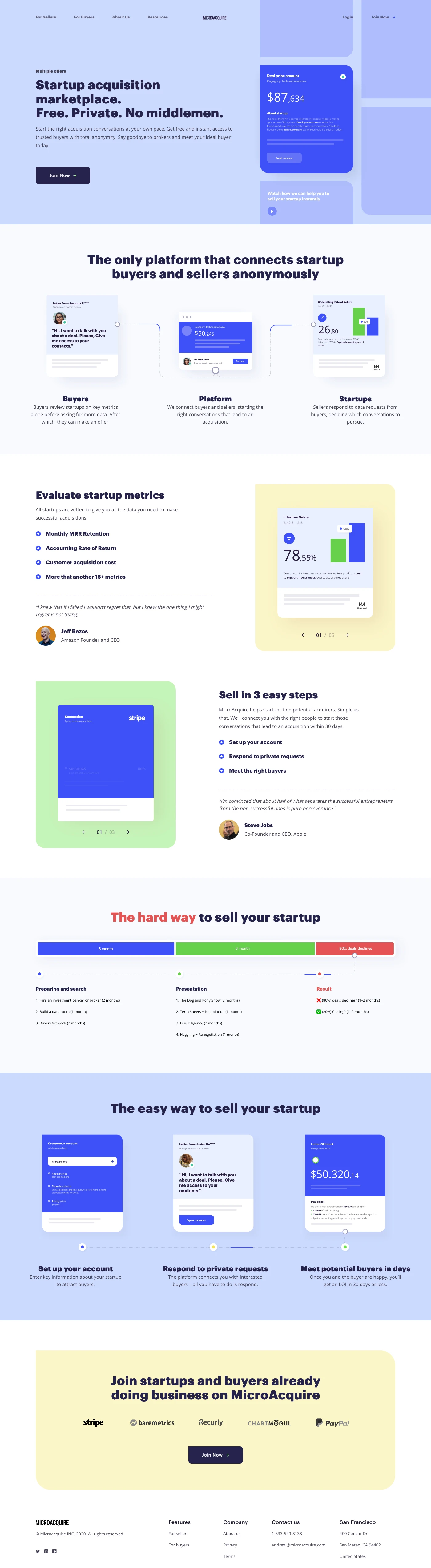 MicroAcquire Landing Page Example: The only platform that connects startup buyers and sellers anonymously. MicroAcquire helps startups find buyers. Simple as that. We’ll help you start conversations that lead to an acquisition in just 30 days – for free.