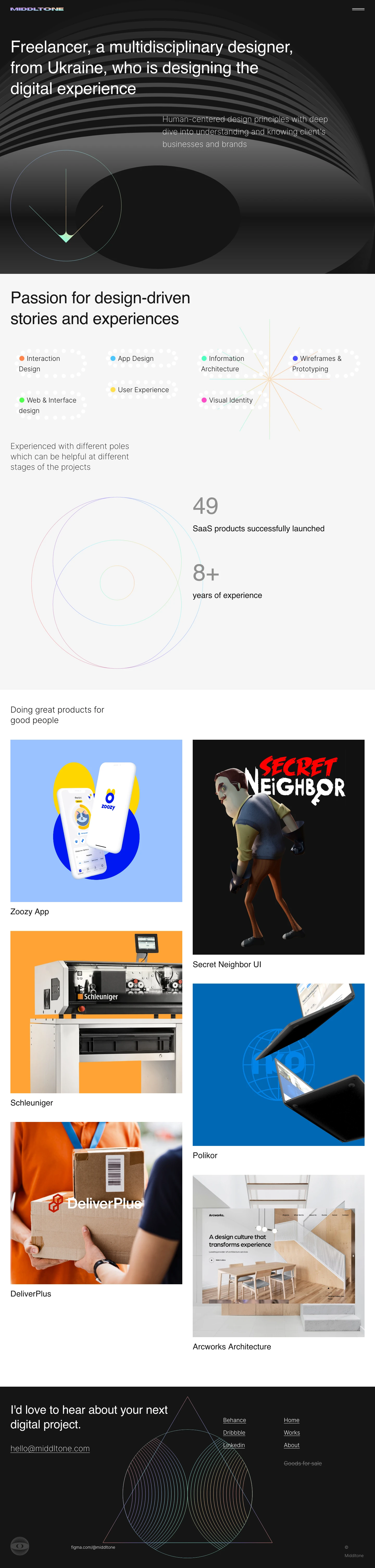 Middltone Landing Page Example: Freelancer, a multidisciplinary designer, from Ukraine, who is designing the digital experience. Human-centered design principles with deep dive into understanding and knowing client's businesses and brands.
