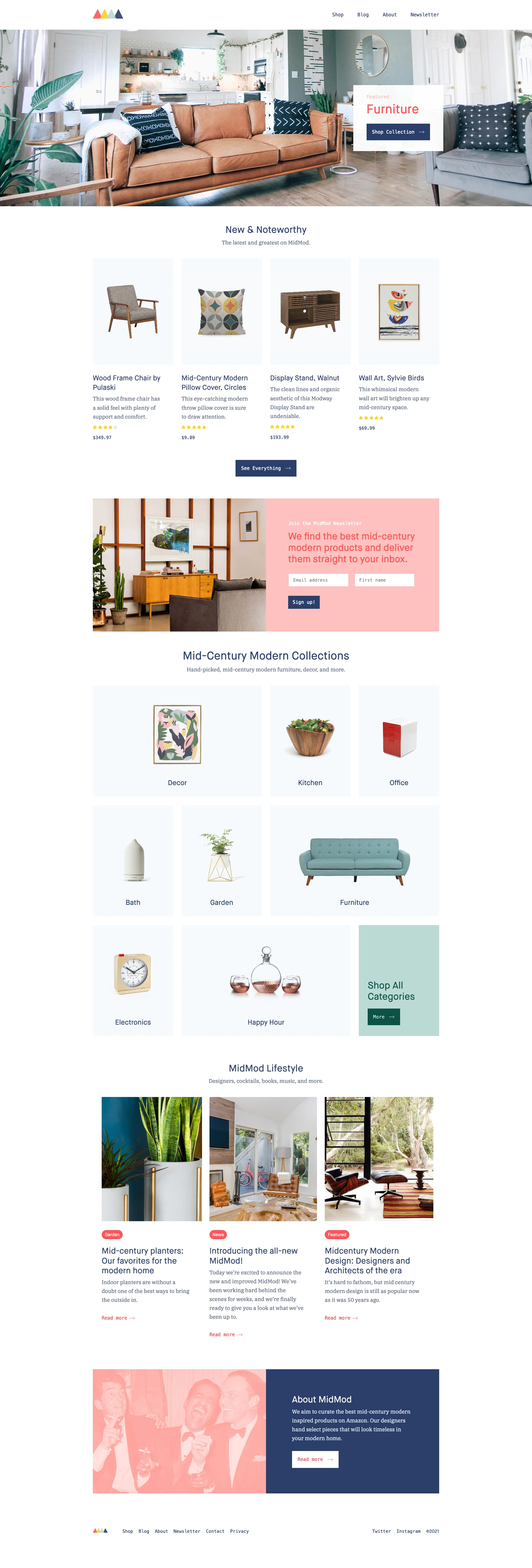 MidMod Landing Page Example: We scour Amazon for the best mid-century modern furniture, decor, and more. We marry form and function while staying true to the design of the era.
