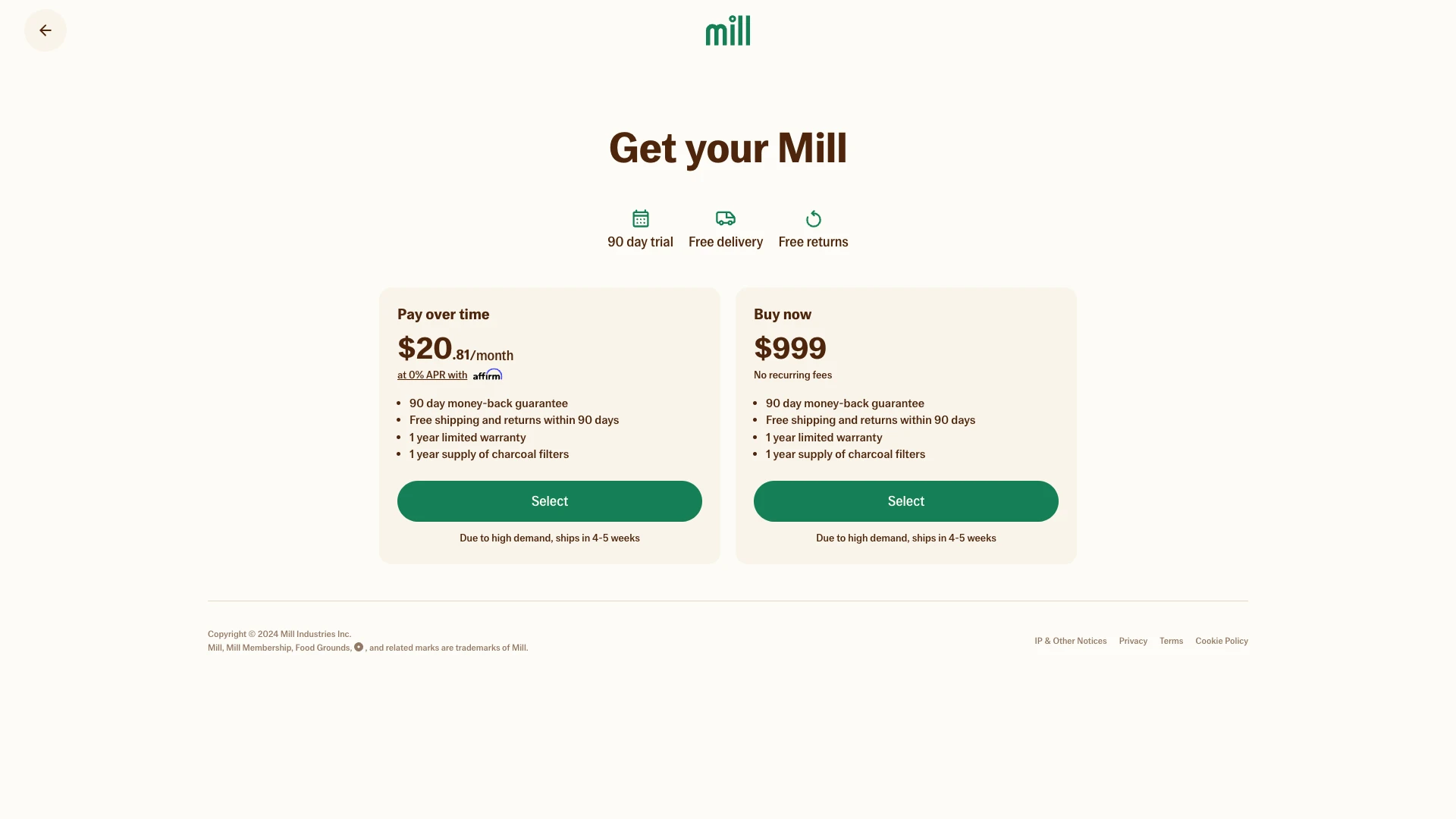 Mill Landing Page Example: Meet the cleanest, easiest way to prevent food waste at home. Mill recycles your peels, bones, stalks, and forgotten leftovers.