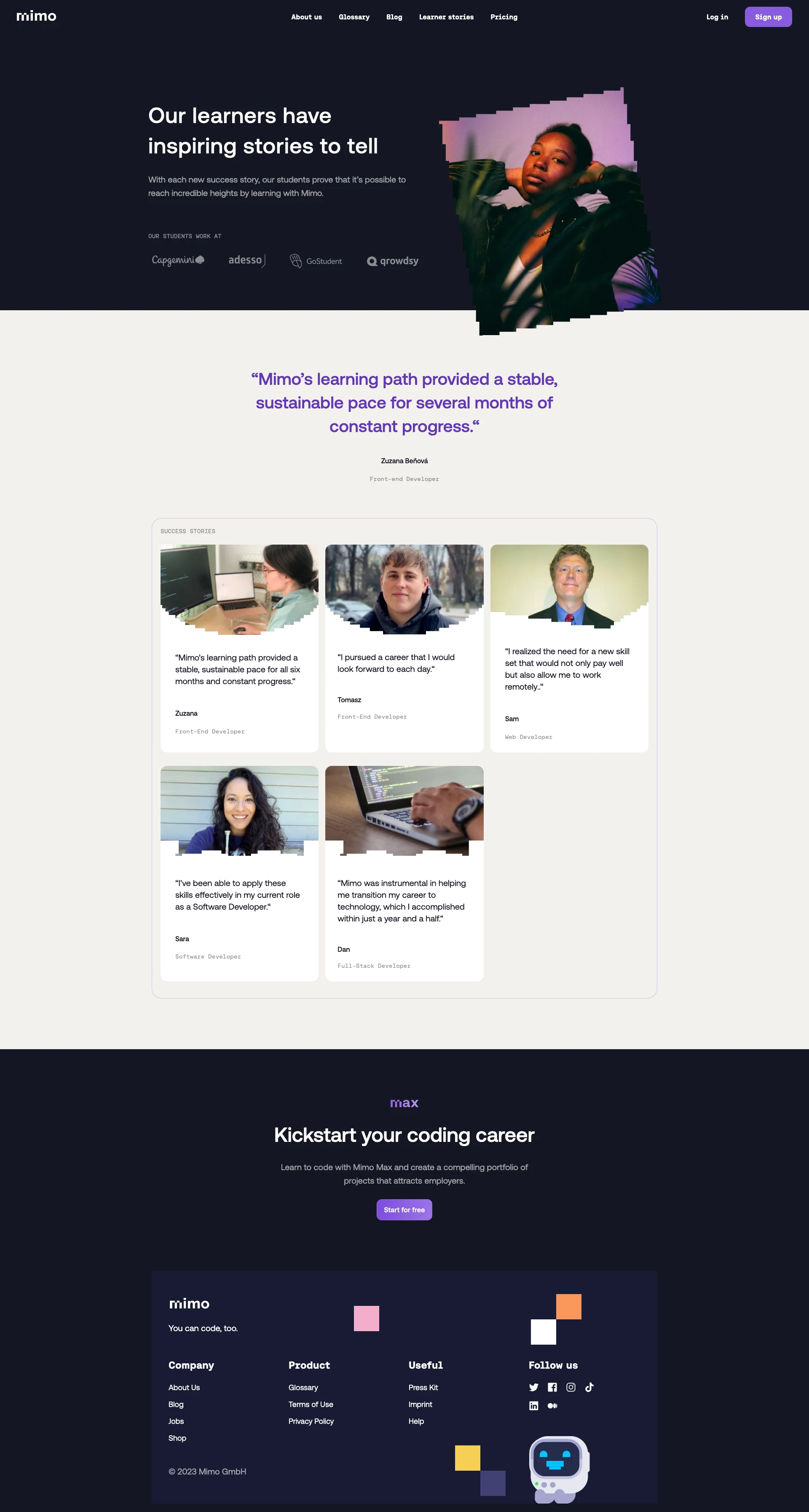 Mimo Landing Page Example: Learn to code at your own pace with Mimo. Offering beginner-friendly courses in Python, JavaScript, HTML, CSS, and more. Engage in interactive exercises, real-world projects, and earn shareable certificates. Join the Mimo community and start your coding journey today!