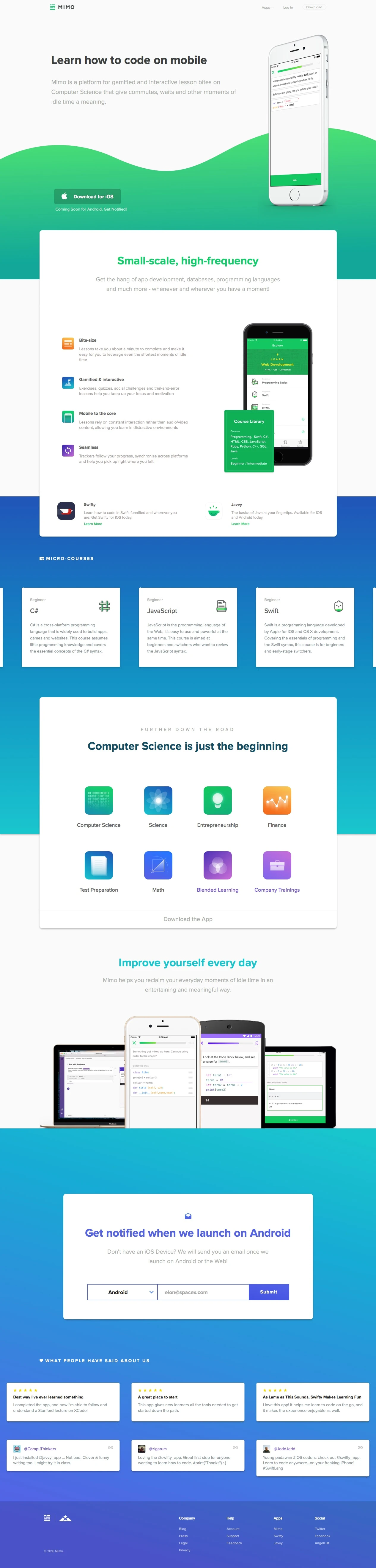 Mimo Landing Page Example: Mimo is a platform for gamified and interactive lesson bites on Computer Science that give commutes, waits and other moments of idle time a meaning.
