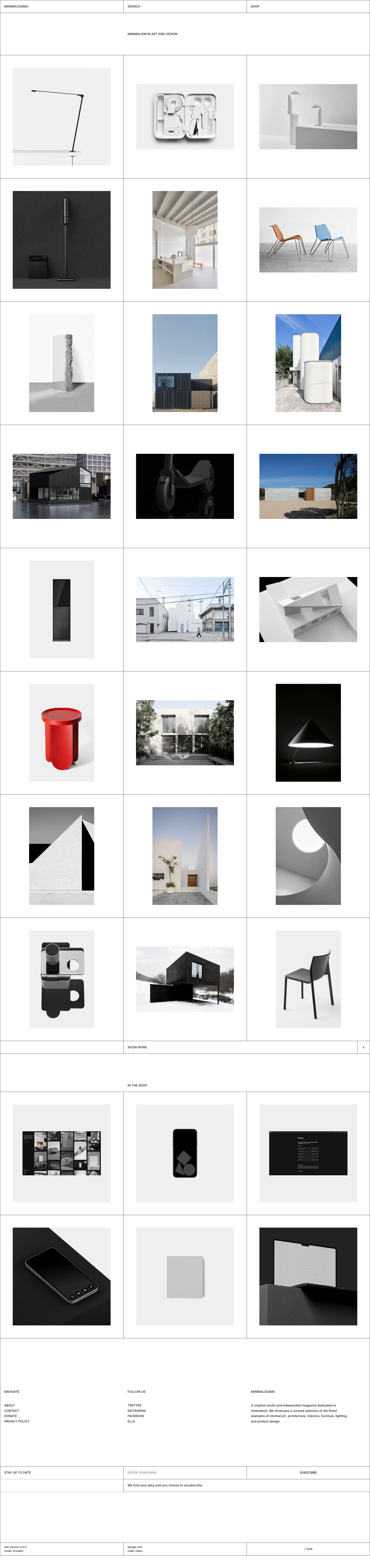 Minimalissimo Landing Page Example: A creative studio and independent magazine dedicated to minimalism. We showcase a curated selection of the finest examples of minimal art, architecture, interiors, furniture, lighting, and product design.