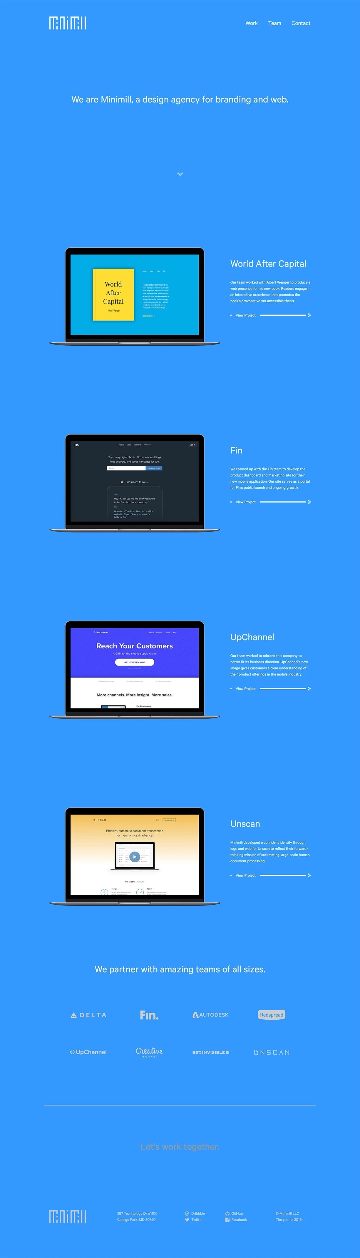 Minimill Landing Page Example: We are Minimill, a design agency for branding and web. Let's work together.