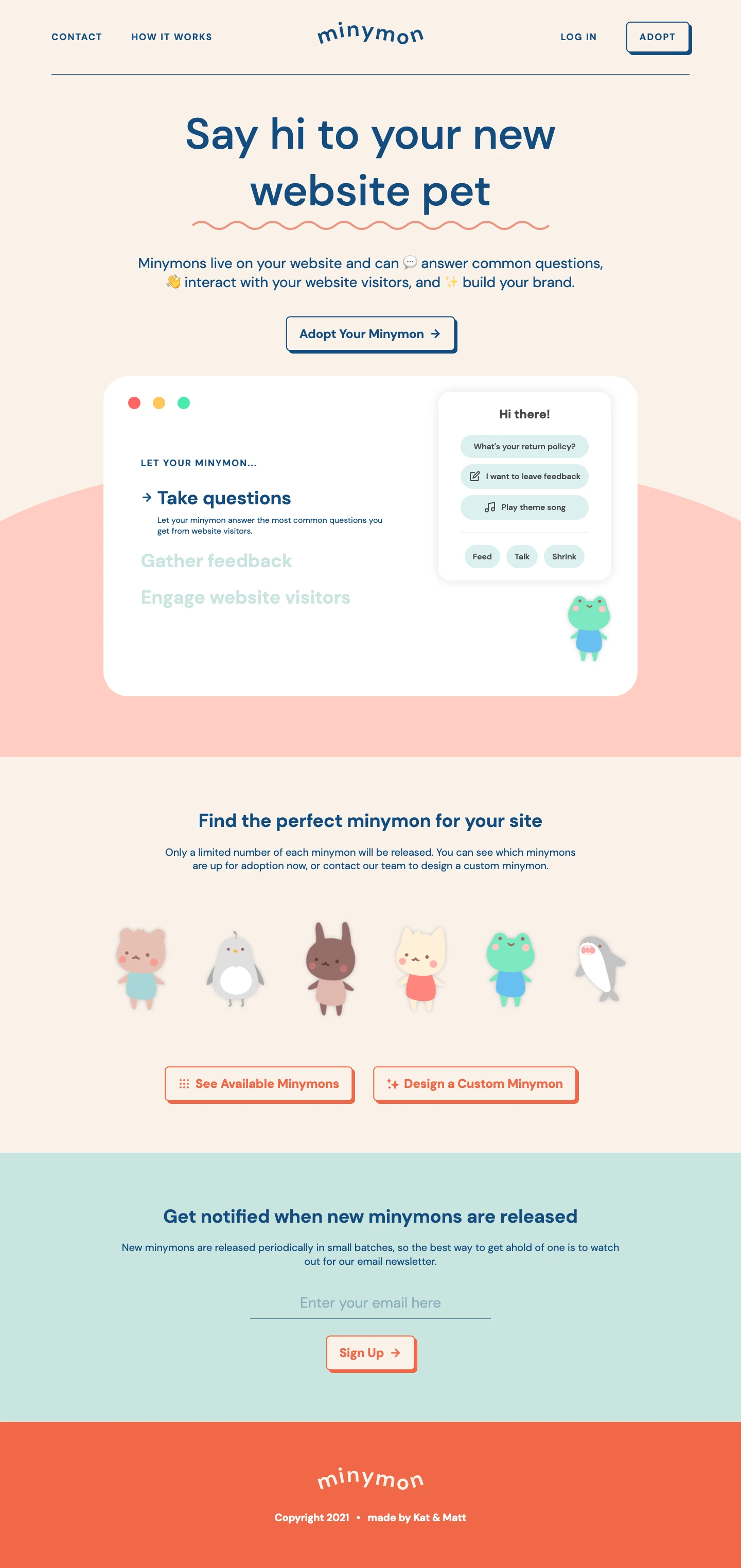Minymon Landing Page Example: Say hi to your new website pet. Minymons live on your website and can 💬 answer common questions, 👋 interact with your website visitors, and ✨ build your brand.
