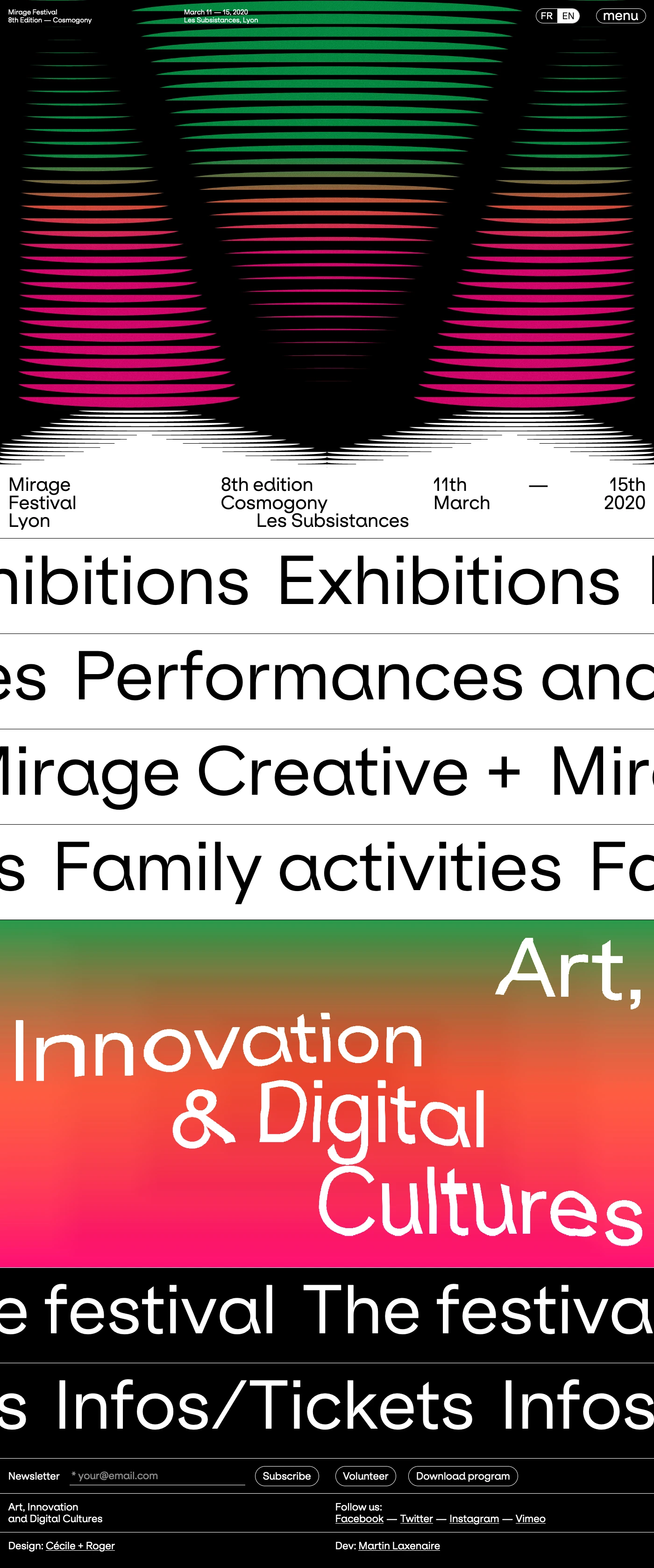 Mirage Festival Landing Page Example: Art, Innovation and Digital Cultures in Lyon, France, from March 11th to March 15th 2020.