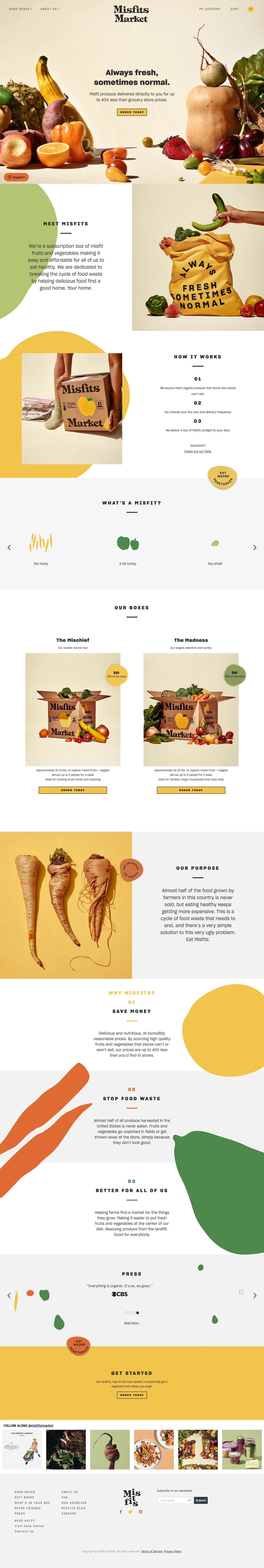 Misfits Market Landing Page Example: Misfits Market delivers ugly, but otherwise perfectly edible fruits and vegetables right to your door. Our mission is to combat food waste and provide affordable, healthy produce to the world.