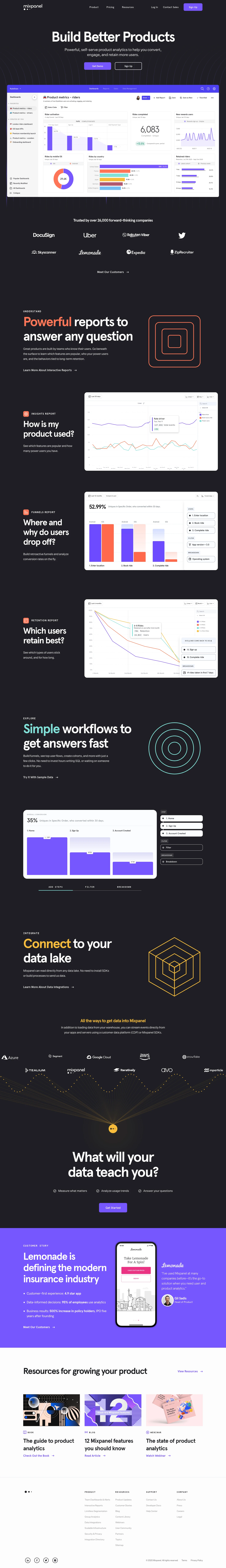 Mixpanel Landing Page Example: Powerful, self-serve product analytics to help you convert, engage, and retain more users.