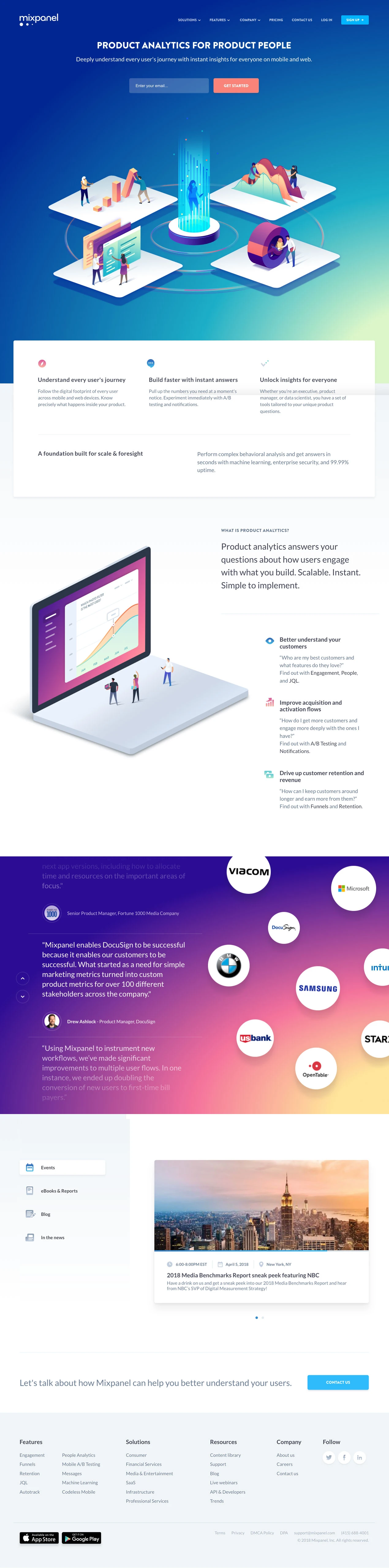 Mixpanel Landing Page Example: Deeply understand every user's journey with instant insights for everyone on mobile and web.