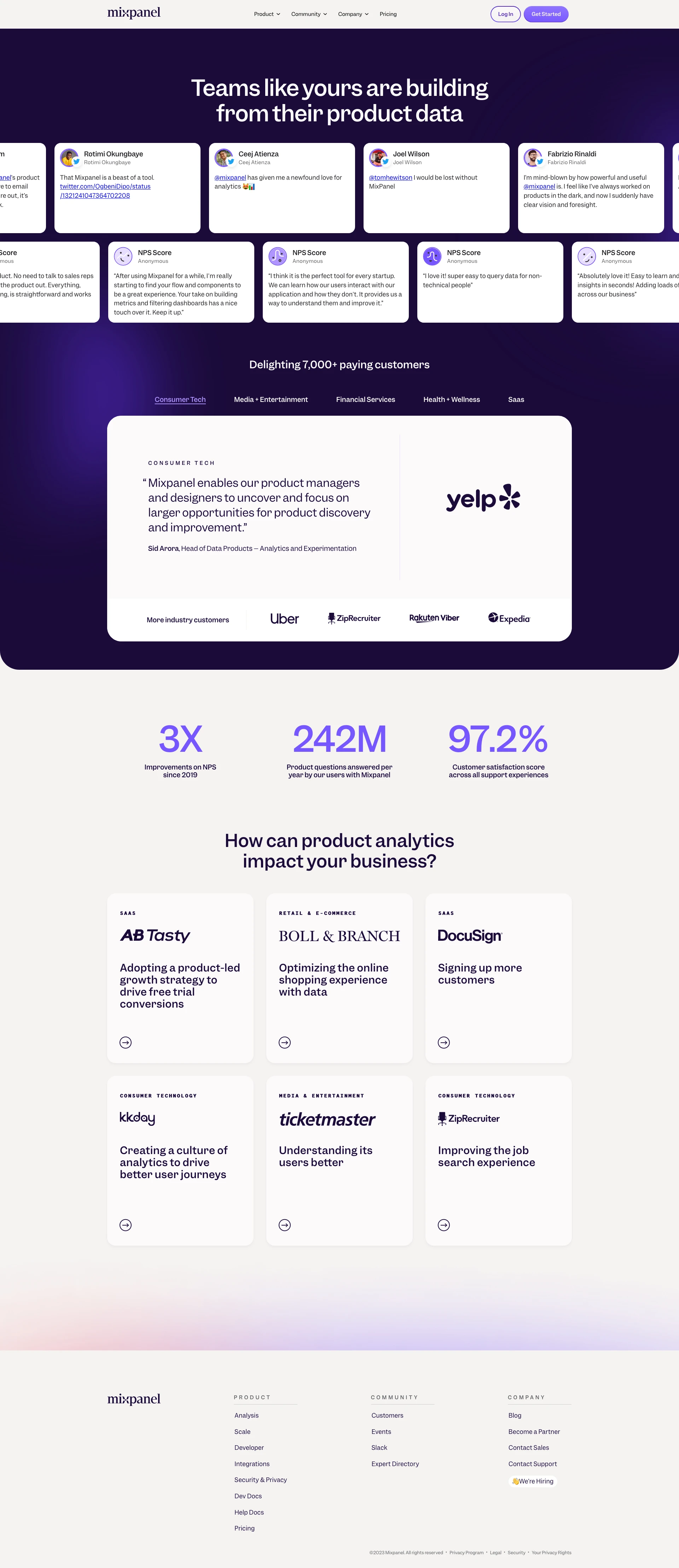 Mixpanel Landing Page Example: Progress is possible. Simple and powerful analytics that helps everyone make better decisions. Helping the world learn from its data with event analytics everyone can use. Let’s build.