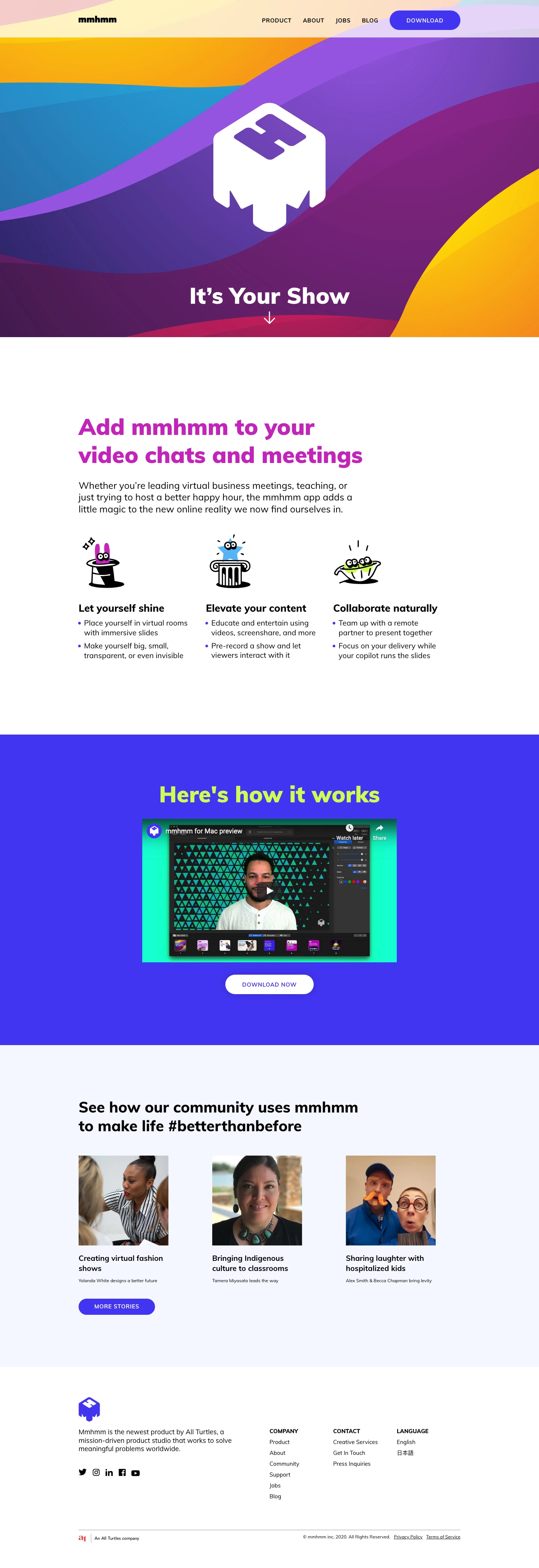 mmhmm Landing Page Example: A new way to communicate via video — both in real-time and asynchronously. Perfect for our new remote reality, add polish and creativity to every presentation.