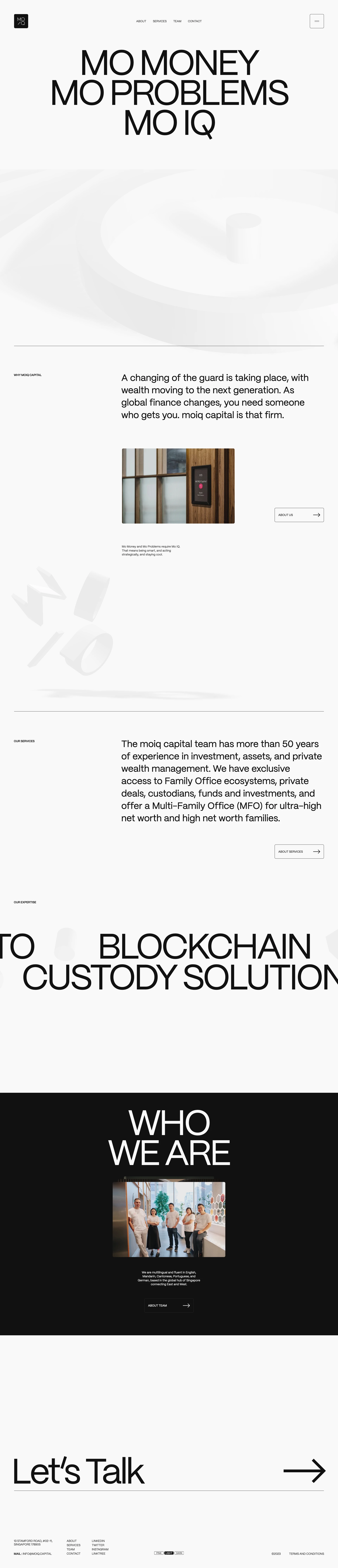 moiq capital Landing Page Example: moiq capital has more than 50 years of experience in investment, assets, and private wealth management.