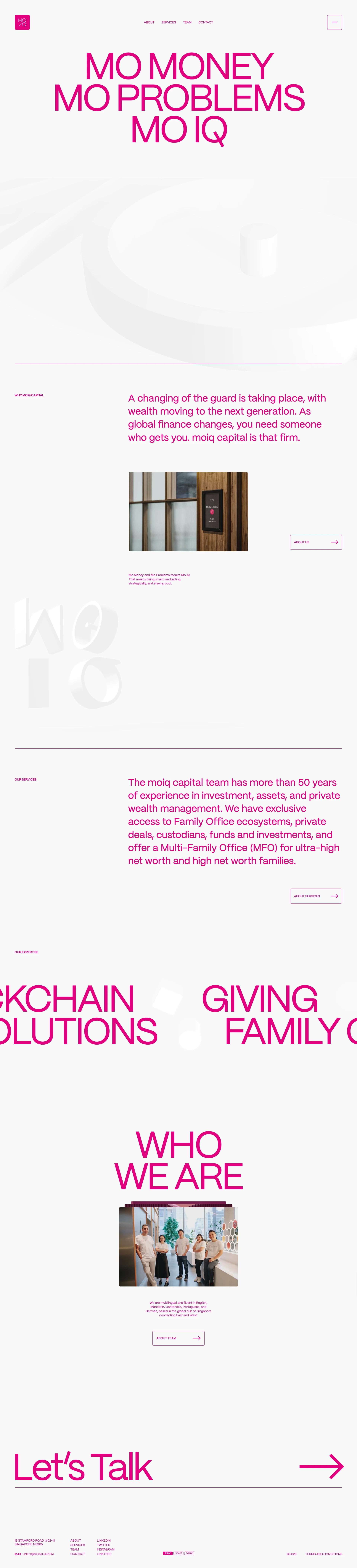 moiq capital Landing Page Example: moiq capital has more than 50 years of experience in investment, assets, and private wealth management.