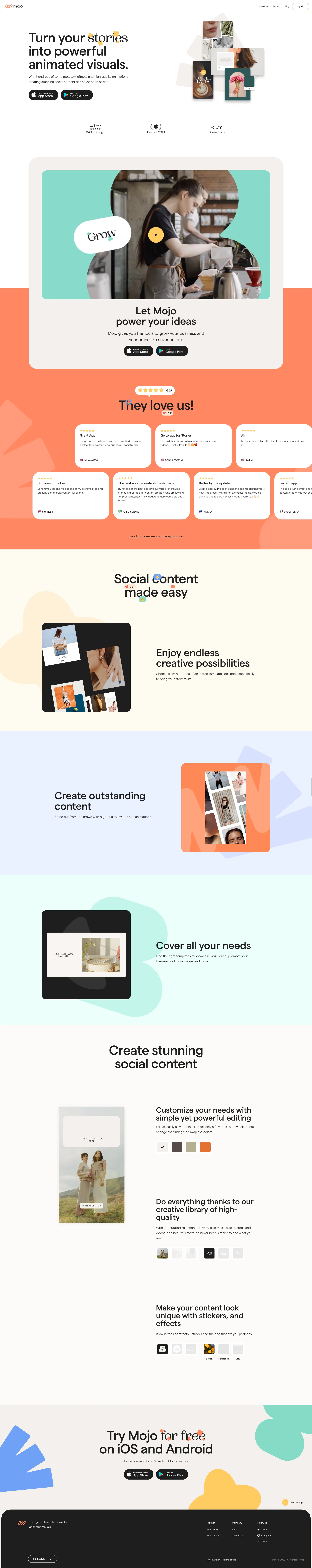 Mojo Landing Page Example: Turn your ideas into powerful animated visuals. With hundreds of templates, text effects and high-quality animations - creating stunning social content has never been easier.