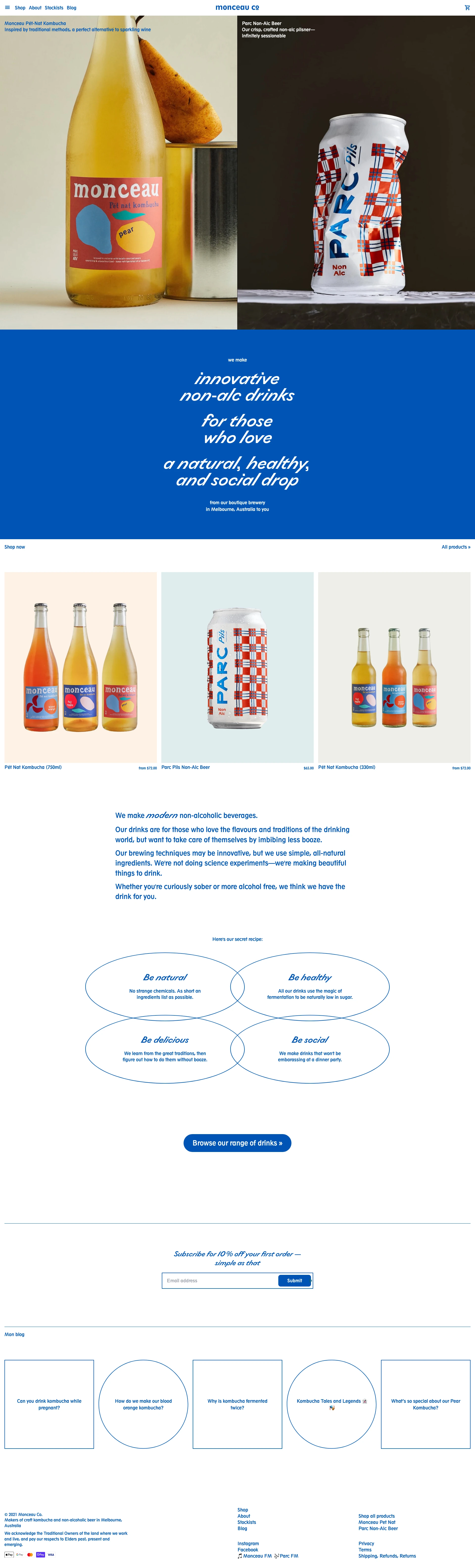 Monceau Co. Landing Page Example: Based in Melbourne, Australia, we brew innovative non-alc drinks (inc. craft kombucha and beer) for those who love a natural, healthy, and social drop.