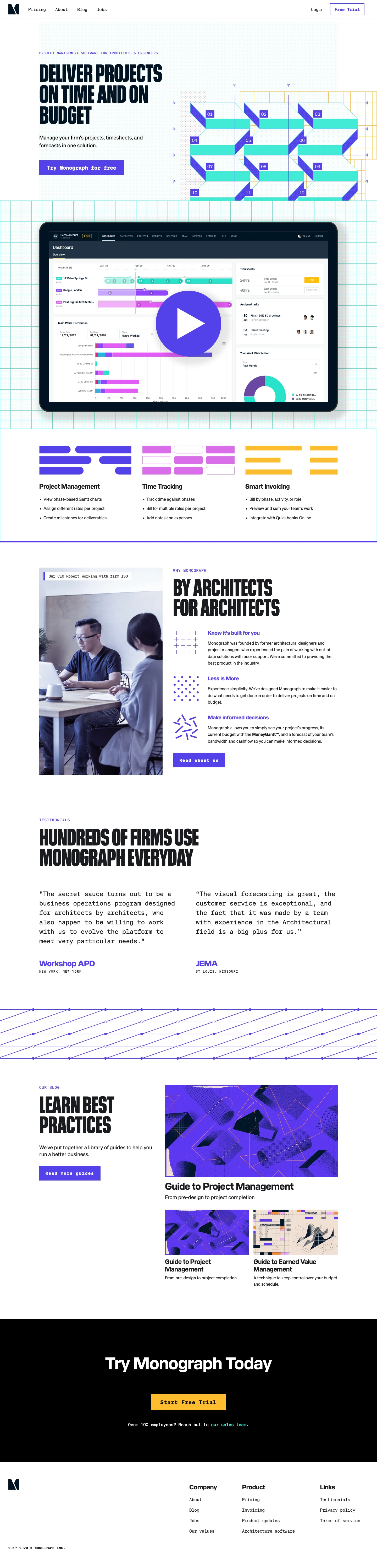 Monograph Landing Page Example: A modern firm management tool for architects: a complete product for managing tasks, tracking time, and invoicing clients.