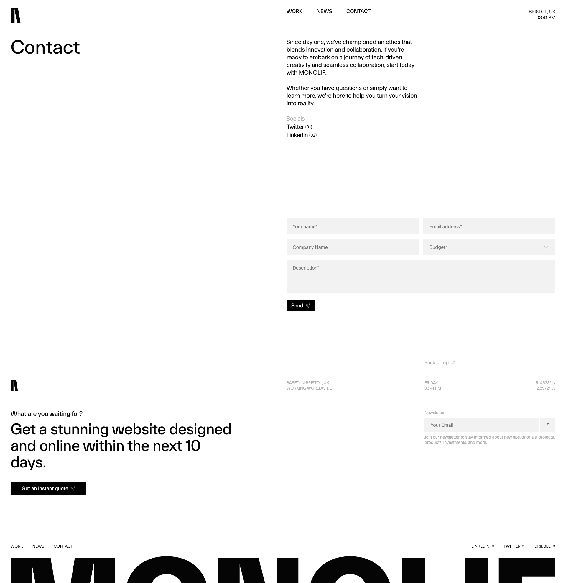 MONOLIF Landing Page Example: We are MONOLIF — We specialise in designing & building custom websites that propel startups online promptly, effortlessly, and with sophistication. Guided by your objectives and our creative curiosity, we create an online presence that's one-of-a-kind, memorable, and a testament to your innovative ethos.