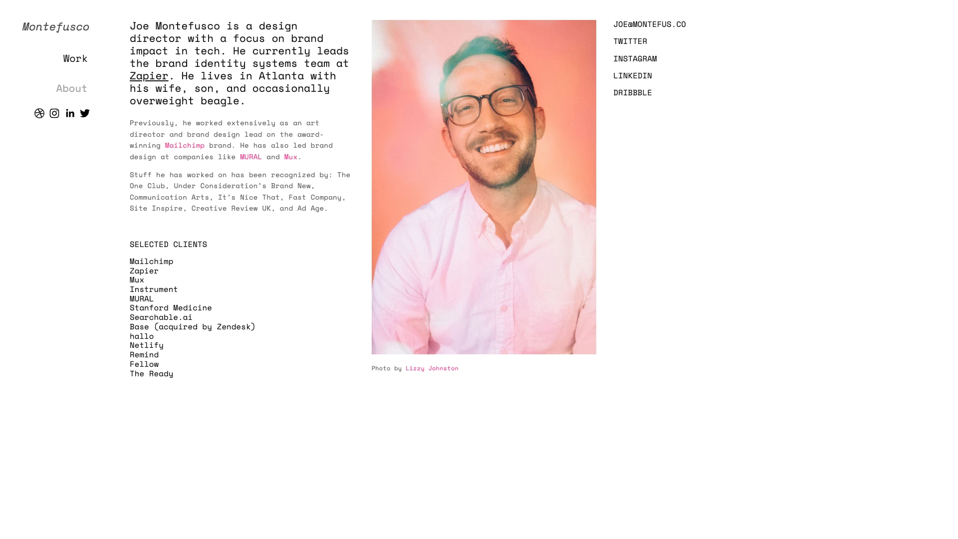 Joe Montefusco Landing Page Example: Joe Montefusco is a man-shaped brand design director working in tech. He hopes you're doing well.