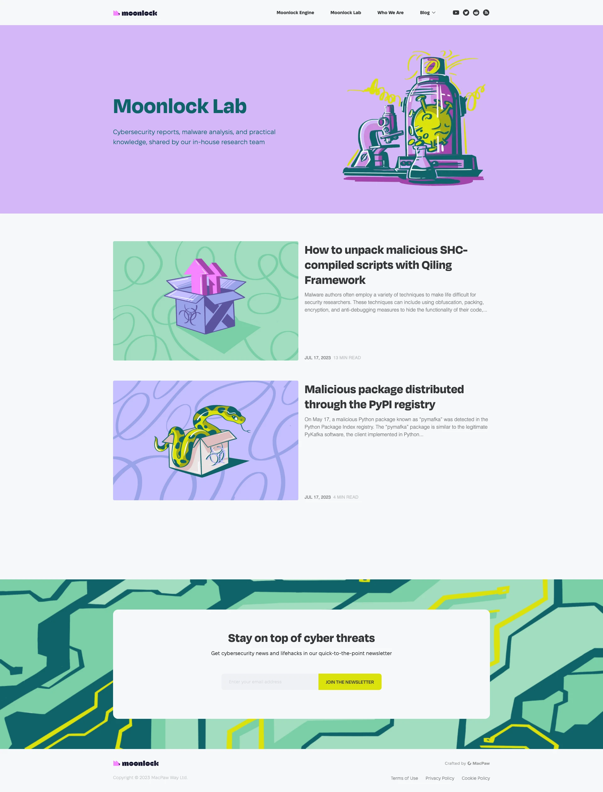 Moonlock Landing Page Example: Meet Moonlock, the cybersecurity wing of MacPaw. We create cybersecurity technology that keeps Mac users safe.