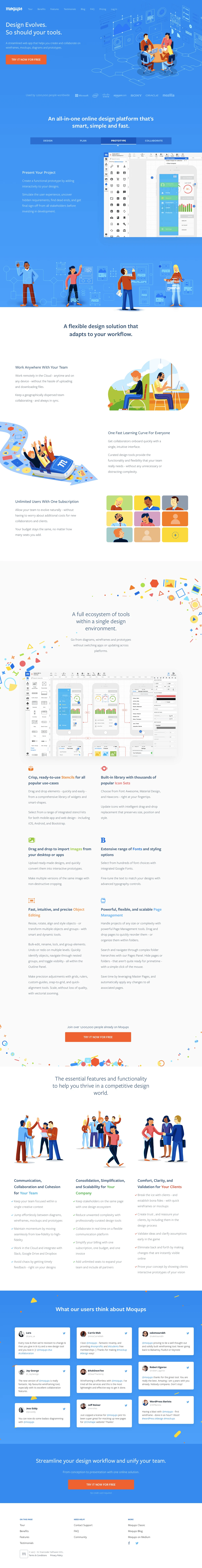 Moqups Landing Page Example: A streamlined web app that helps you create and collaborate on wireframes, mockups, diagrams and prototypes.