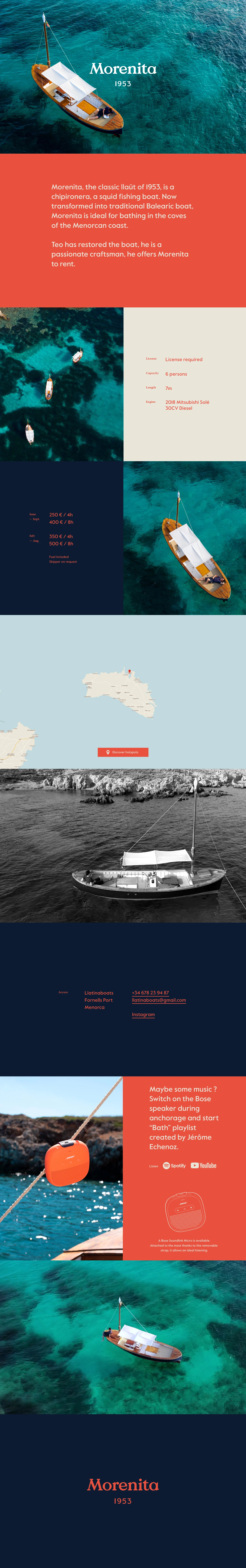 Morenita Landing Page Example: Morenita, the classic llaüt of 1953, is a chipironera, a squid fishing boat. Now transformed into traditional Balearic boat, Morenita is ideal for bathing in the coves of the Menorcan coast.