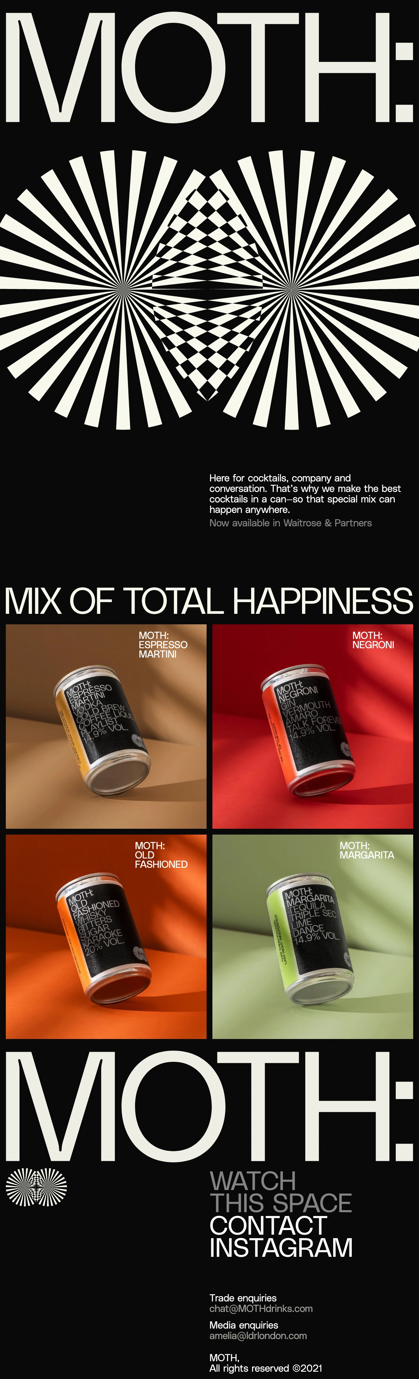 MOTH Landing Page Example: The best cocktails in a can. For friends to enjoy anywhere. Mix of total happiness.