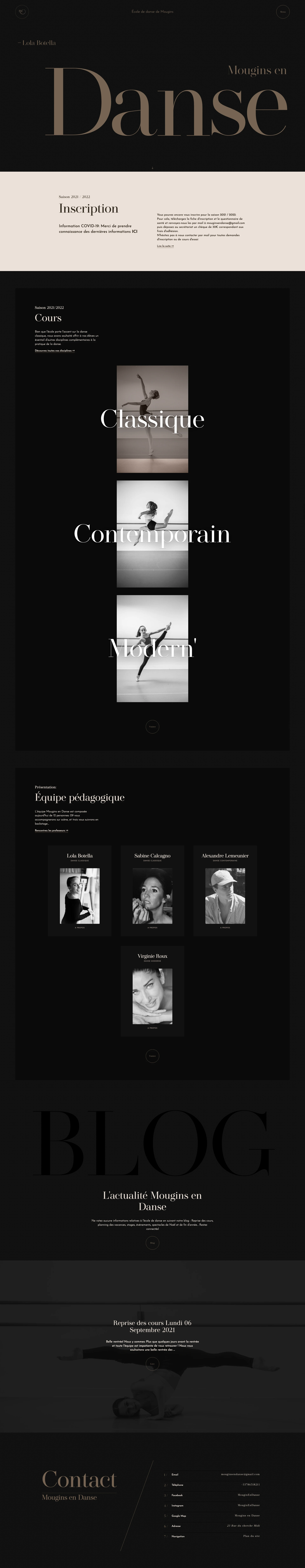 Mougins en Danse Landing Page Example: Although the school focuses on classical dance, we wanted to offer our students a range of other disciplines complementary to the practice of dance.