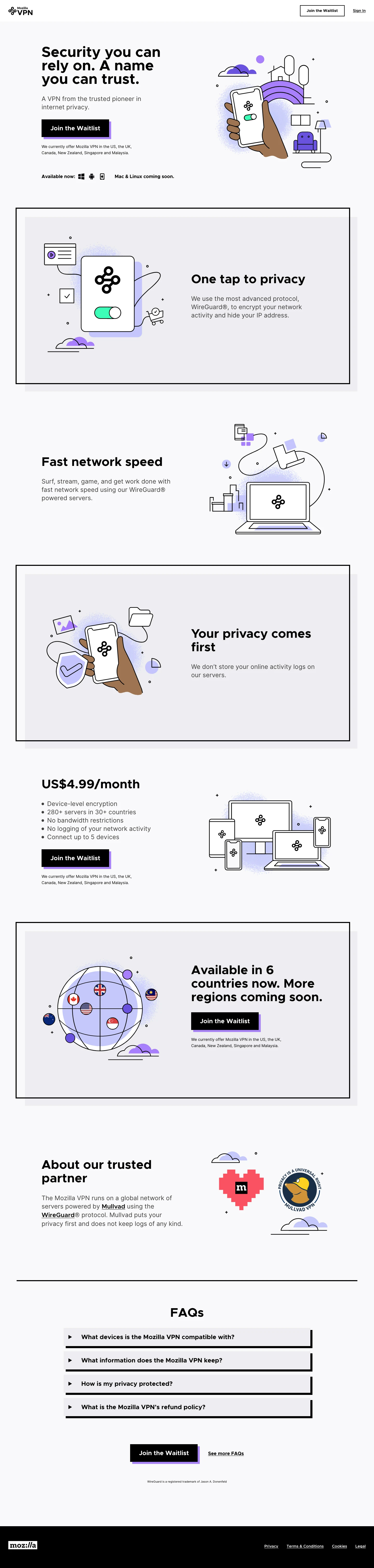 Mozilla VPN Landing Page Example: Use the Mozilla VPN for full-device protection for all apps. With servers in 30+ countries, you can connect to anywhere, from anywhere.