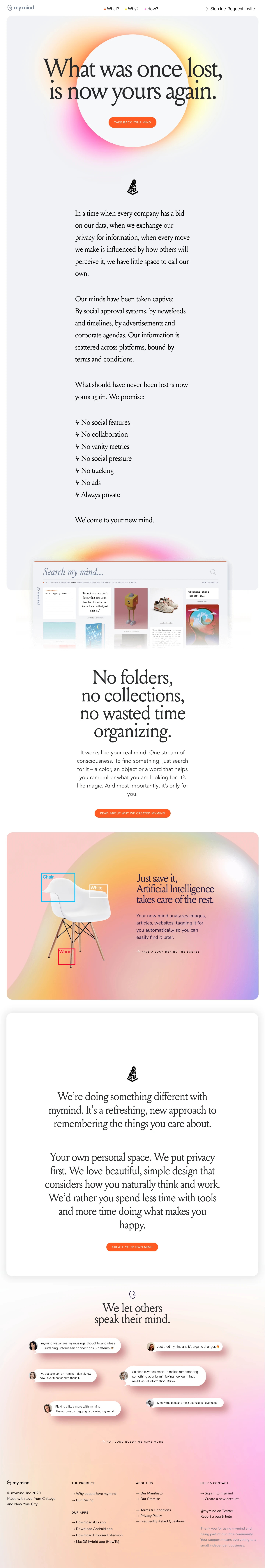 my mind Landing Page Example: A private place to save your most precious notes, images, quotes and highlights. Enhanced by AI to help you remember without wasting time on categorizing & organizing.